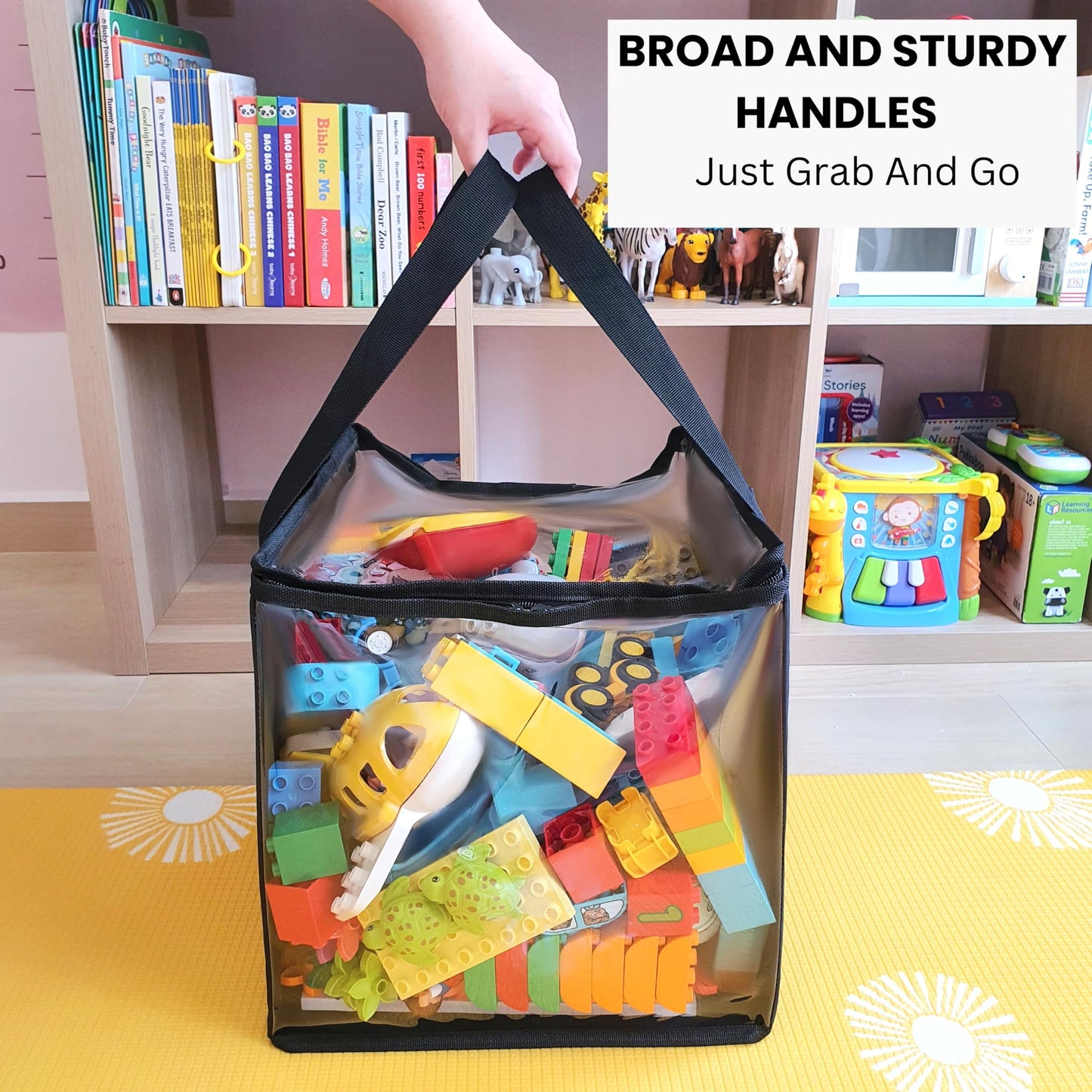 SAM AND MABEL 2 Pack PVC Storage Bins – 12" X 12" X 12" Durable and Foldable Organizer with Transparent Top and Sides, Multi-Purpose Boxes for Clothes, Deco, Books and More (Black)