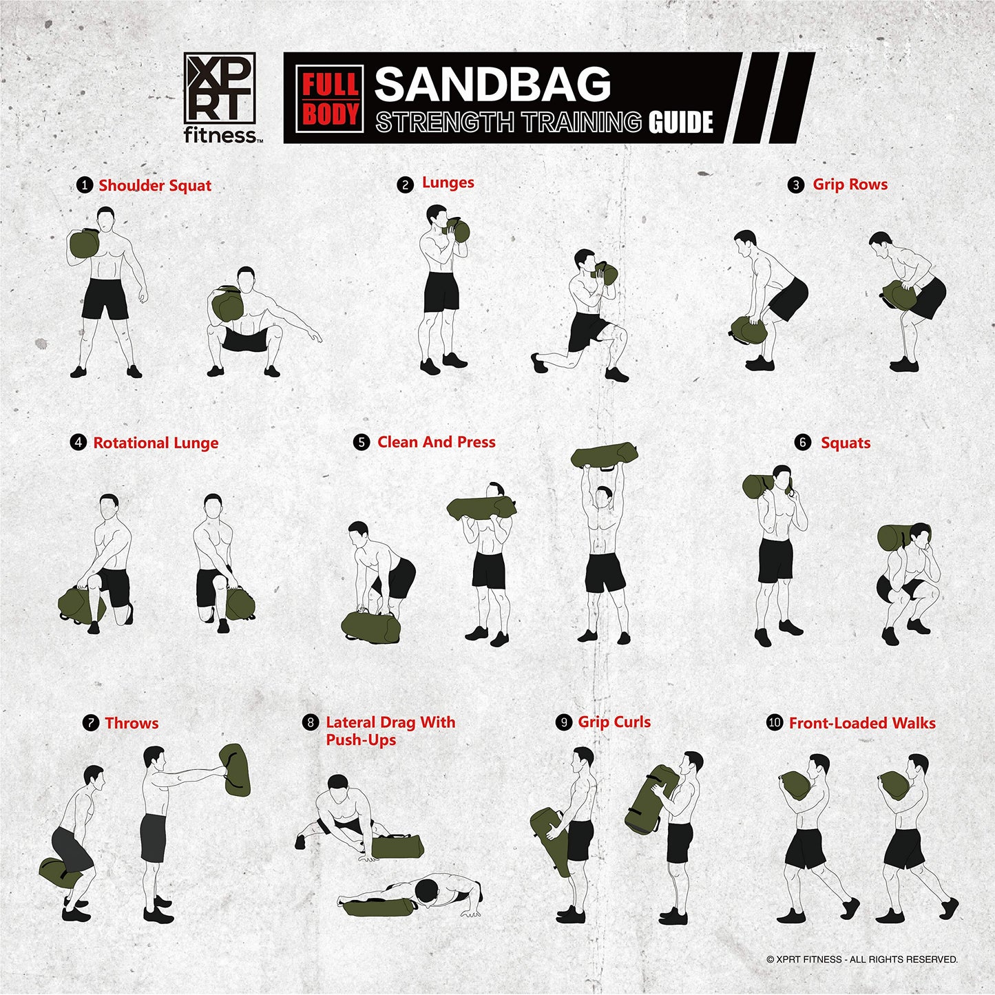 XPRT Fitness Workout Sandbag for Heavy Duty Workout Cross Training 7 Multi-positional Handles - Color Army Green/Black/Camo (Black Set of 3, Small+Medium+Large)