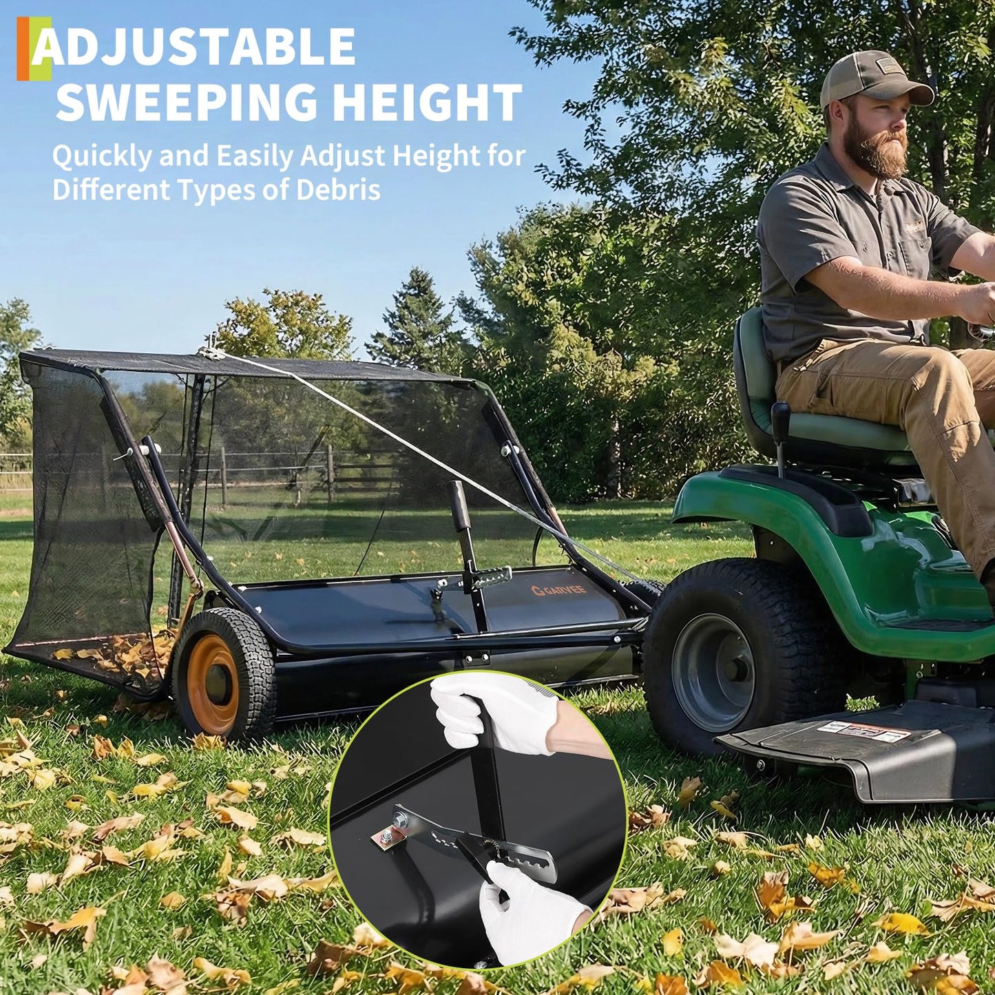 GarveeHome 44 Inch Tow Behind Lawn Sweeper, 26 cu. ft Large Pull Behind Grass Sweeper, Heavy Duty Leaf & Grass Collector with Dumping Rope Design, Adjustable Sweeping Height for Yard, Farm, Garden