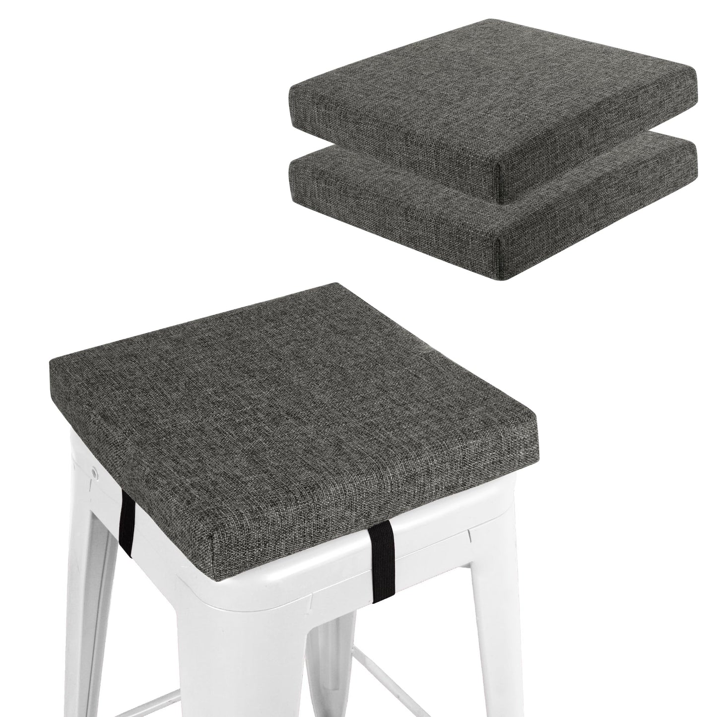 FlyGulls Square Bar Stool Cushions Set of 2 Non-Slip Chair Pads with Ties 2" Thick Chair Cushions with Machine Washable Cover 14" X 14" (Dark Grey)