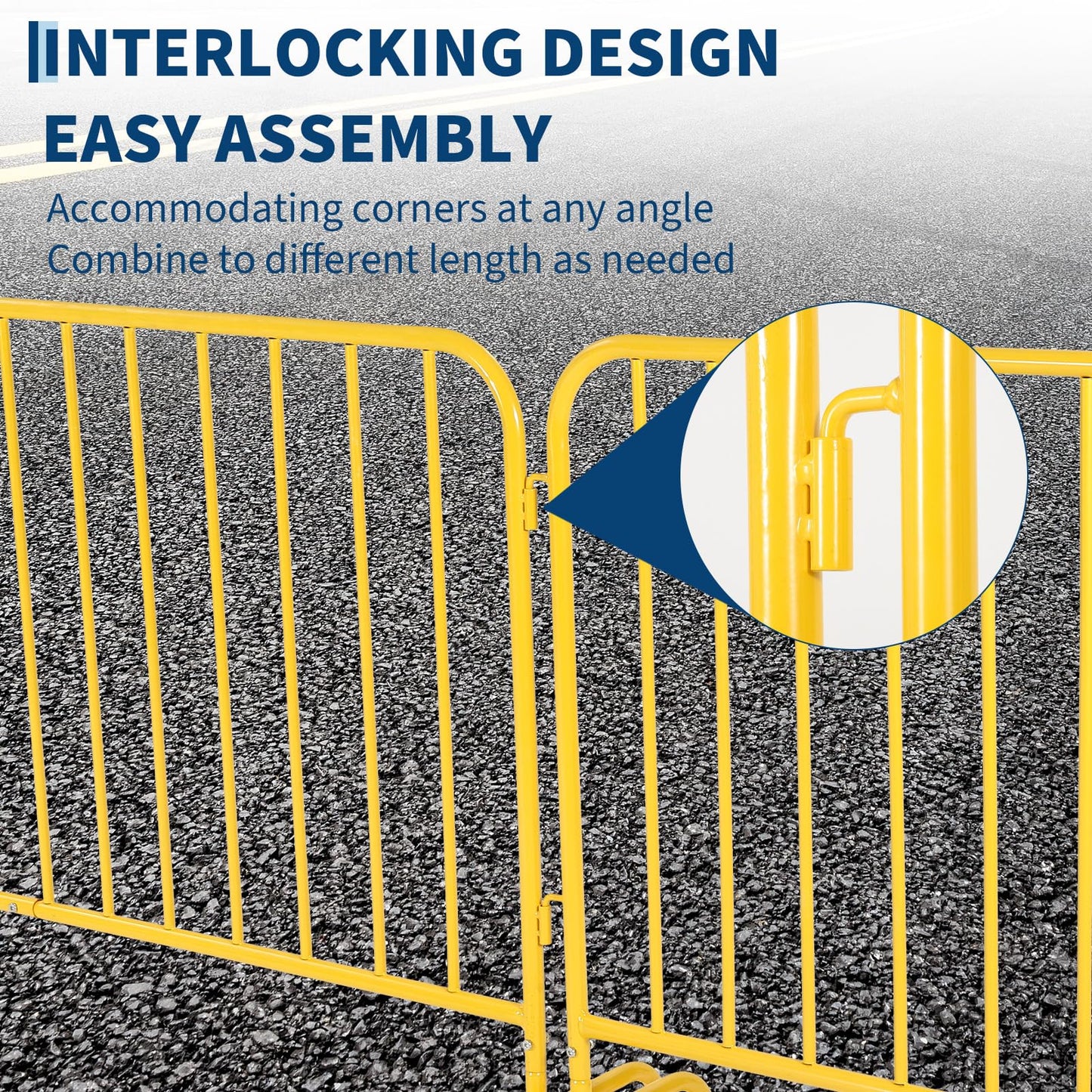 Garvee Interlocking Steel Barricade, 8.5 Ft. Heavy Duty Galvanized Metal Barricade, Interlocking Steel Road Barriers with with Bridge Feet Base, for Crowd Control Event Fencing Indoor/Outdoor, Yellow