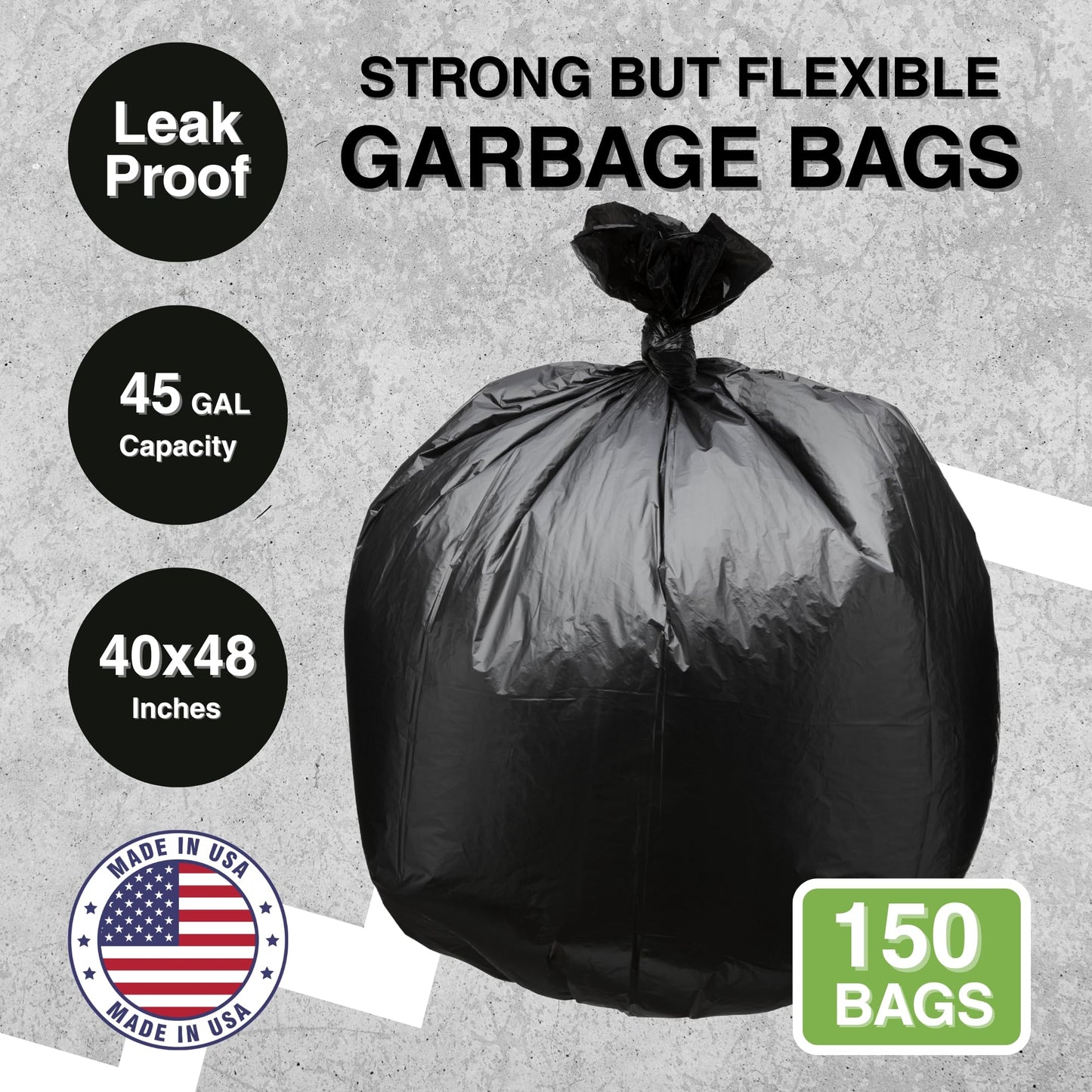Top Knot Bags 45 Gallon Garbage Trash Bag 40X48" Black 150 Count Can Liner Bulk 40 Gallon 41 Gallon 42 Gallon 44 Gallon Made in USA