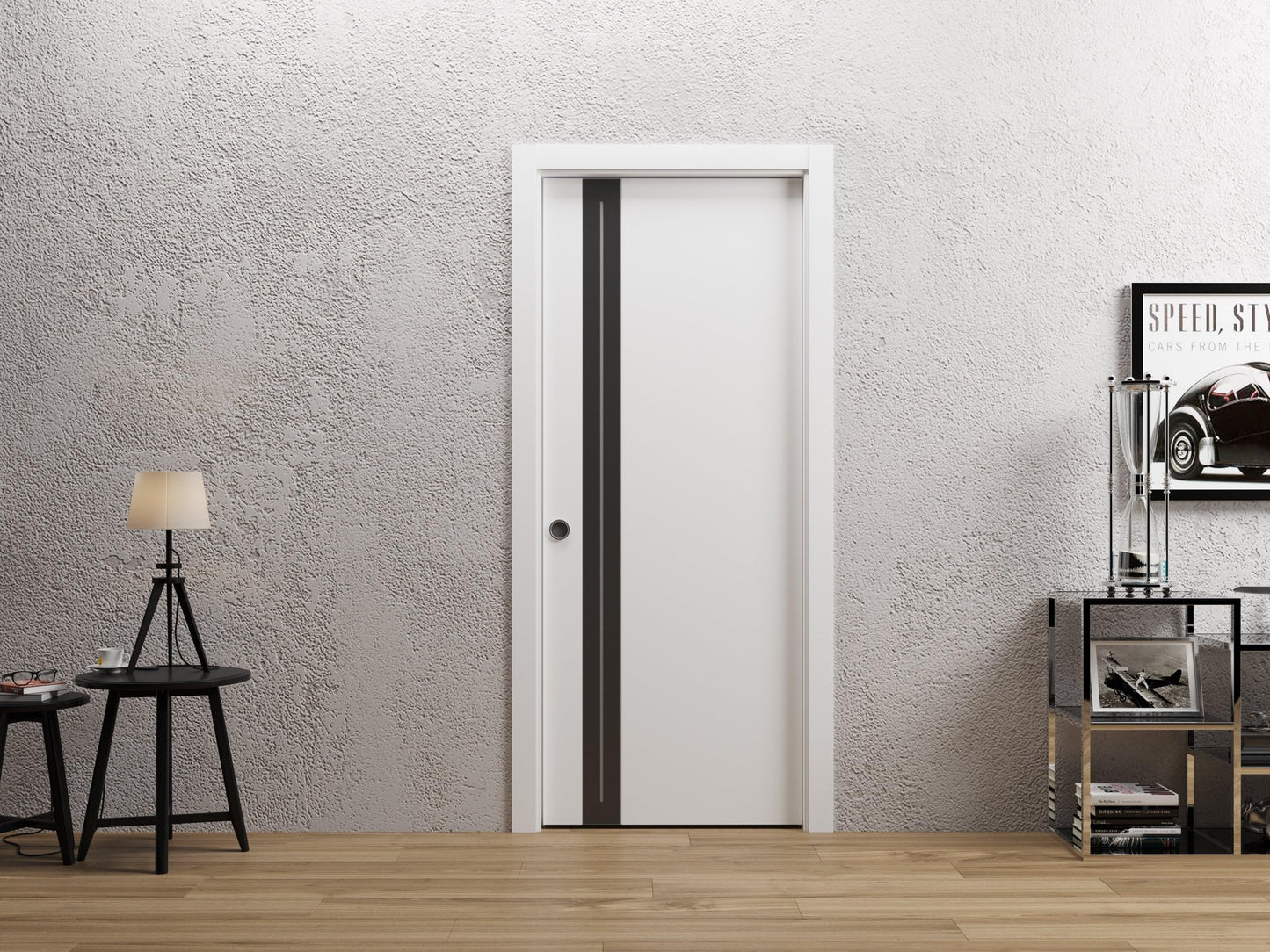 Sartodoors Interior Door 4440 Slab White with Frosted Glass Solid Wood with Honeycomb core Modern Design 30 x 96 in