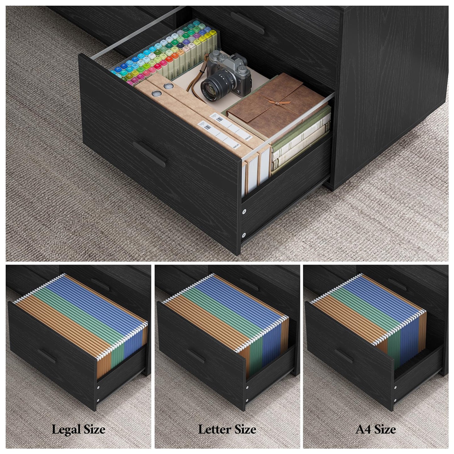 70.3 inch L Shaped Executive Desk with Power Outlets, Large Home Office Desk with Storage Drawers and File Cabinet, Modern Computer Desk with Shelves, Black Business Furniture, Square Tapered Legs