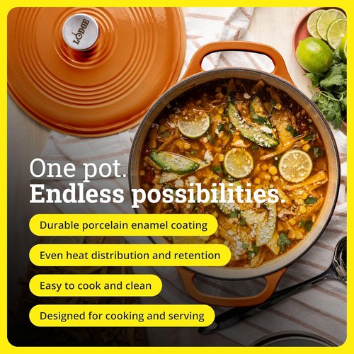 Lodge Essential Enamel Cast Iron Dutch Oven - 6-Quart Apricot - Ideal for Baking, Braising & Slow Cooking