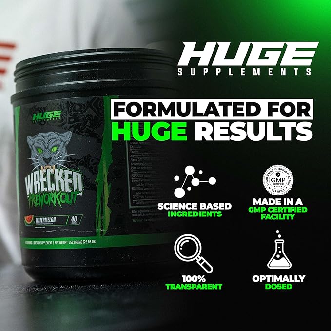 Wrecked Pre Workout Powder, Advanced Formula, Boosts Energy, Focus, Pumps & Performance, 10g L-Citrulline, 6.4g Beta Alanine, 5g Tyrosine, 1g Alpha GPC, 375mg Fast-Acting Caffeine & More (Watermelon)