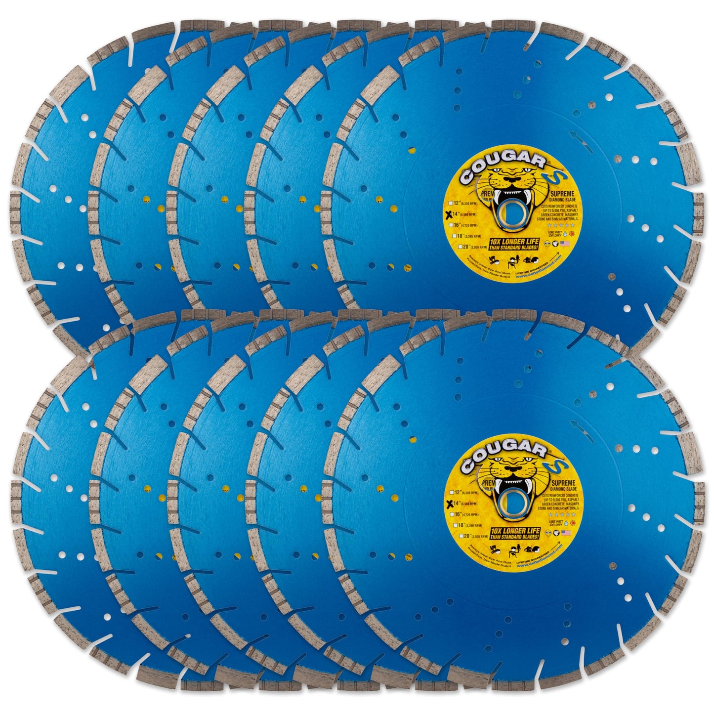 Cougar S 14 Inch 10-Pack Concrete Diamond Blade, Supreme Segmented Blade, Dry/Wet Fast Cutting High-PSI Concrete, Asphalt, Green Concrete, Stone, 1"-20mm Arbor