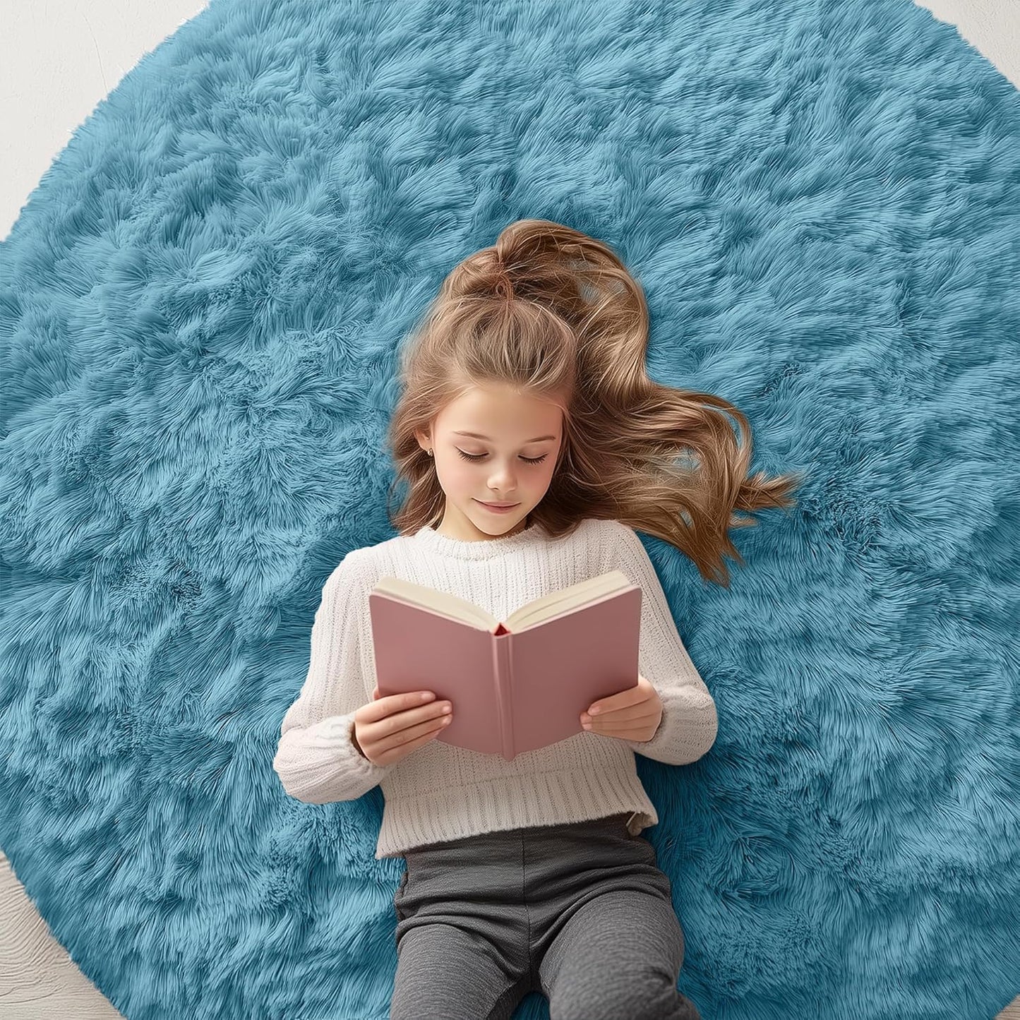 OLANLY Round Slate Blue Area Rug - Soft, Fluffy, Machine Washable 3 ft Circle Carpet for Bedroom & Living Room
