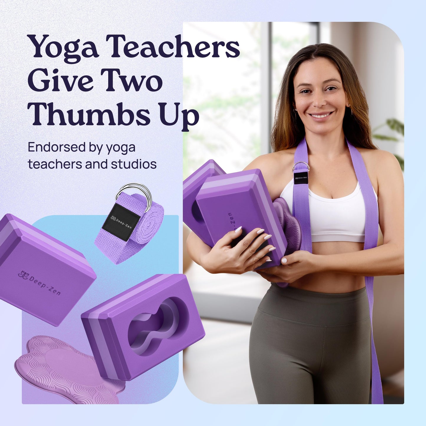 Deep-Zen® Yoga Blocks Wrist Support; Yoga Blocks 2 Pack with Knee Pads and Strap to Put Less Weight on Wrists; Durable, Versatile Yoga Brick Exercise Block Set, Blocks Yoga (Purple)