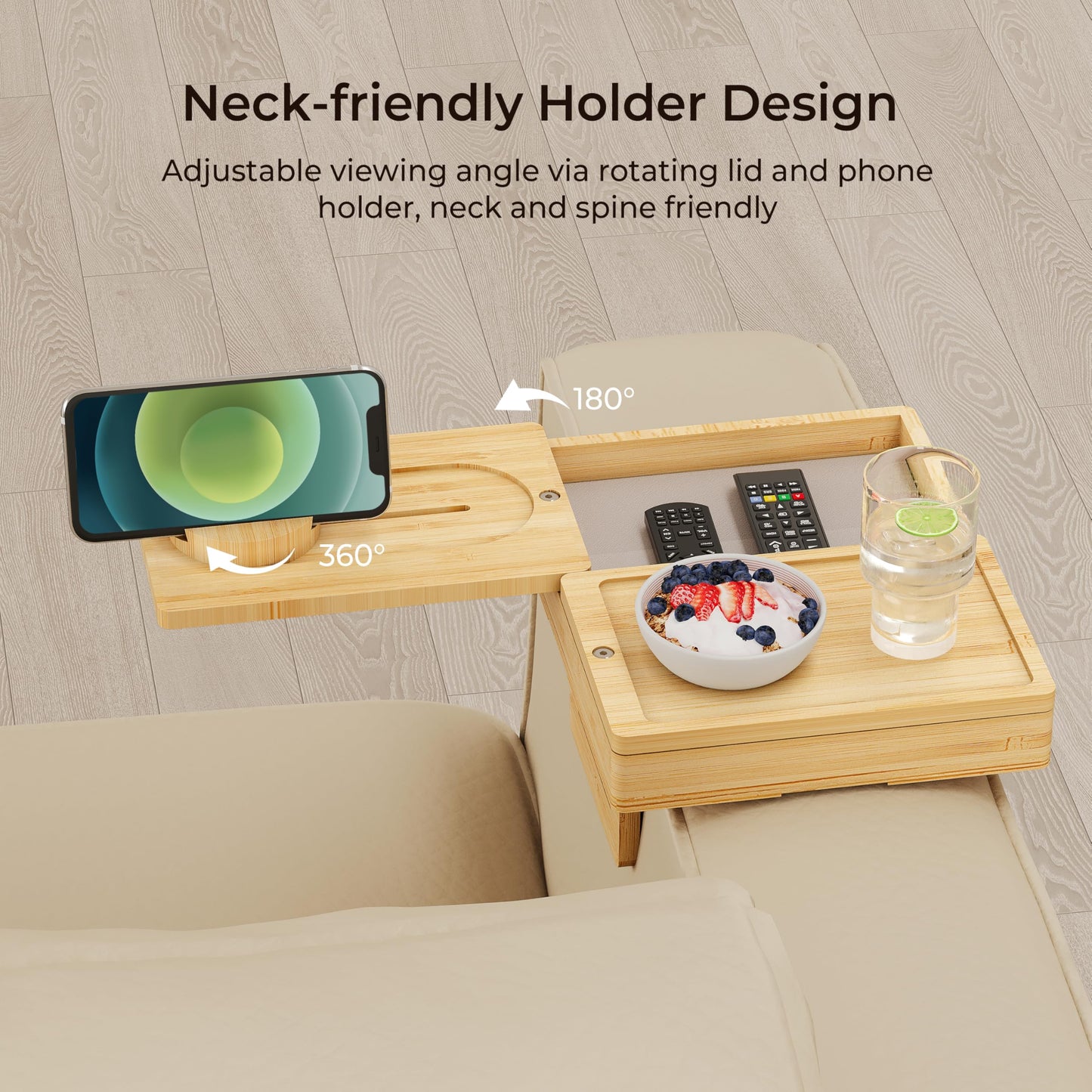 Wealone Bamboo Couch Arm Tray with 2 Rotatable Tray, Adjustable Sofa Arm Clip Table with Storage Box & 360° Phone Holder, Couch Armrest Table for Snacks, Drinks or Dining