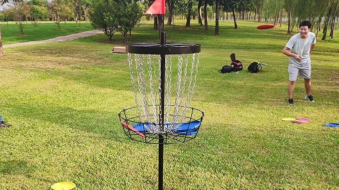 Disc Golf Basket with Discs | Portable Disc Golf Target with Heavy Duty 24-Chains Disc Golf Course Basket, Come with 6pcs Disc Golf Discs with Carry Bag