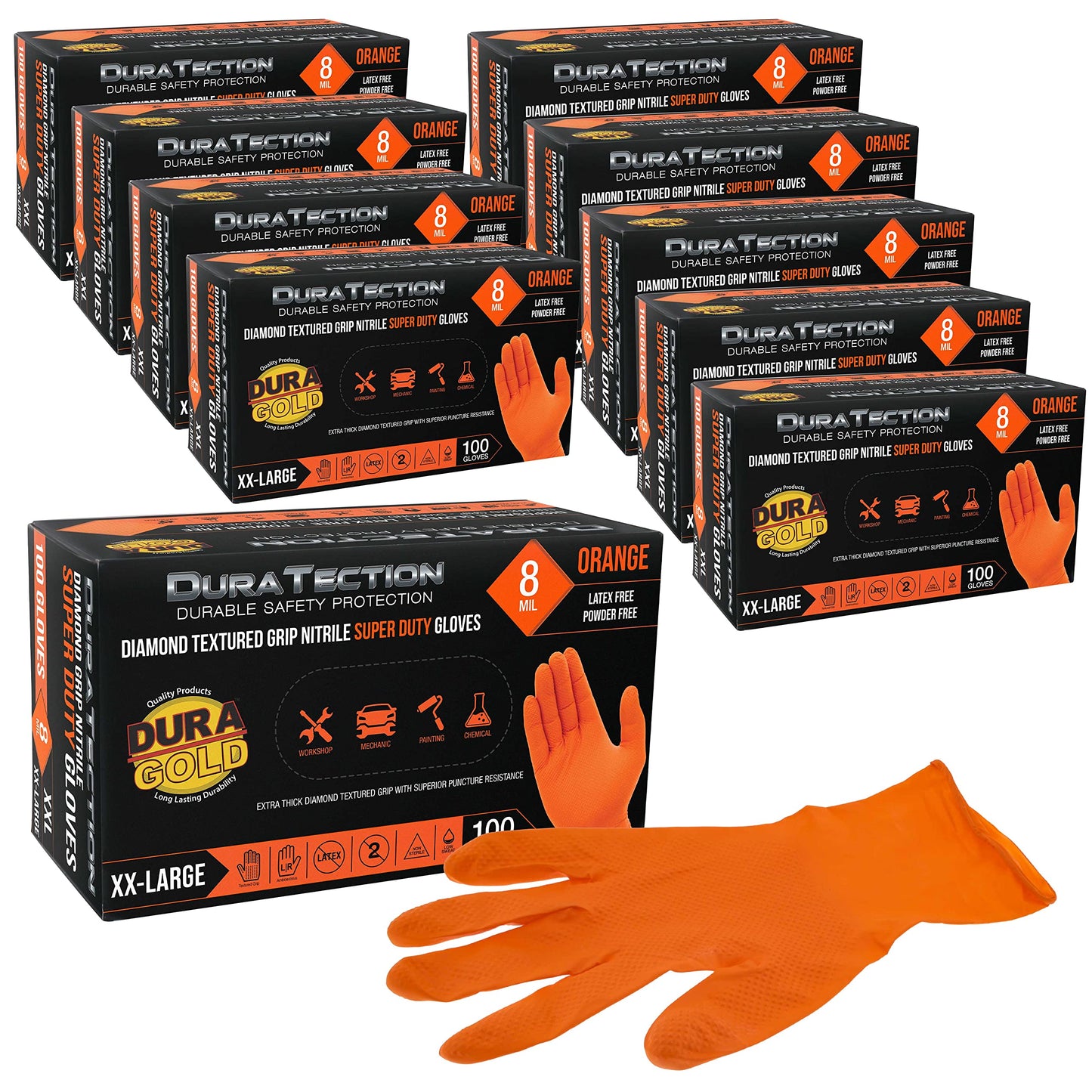 Dura-Gold Duratection 8 Mil Orange Super Duty Diamond Textured Nitrile Disposable Gloves, 10 Boxes of 100, XX-Large - Latex Free, Powder Free, Food Safe, Safety Protection Work Gloves, Industrial