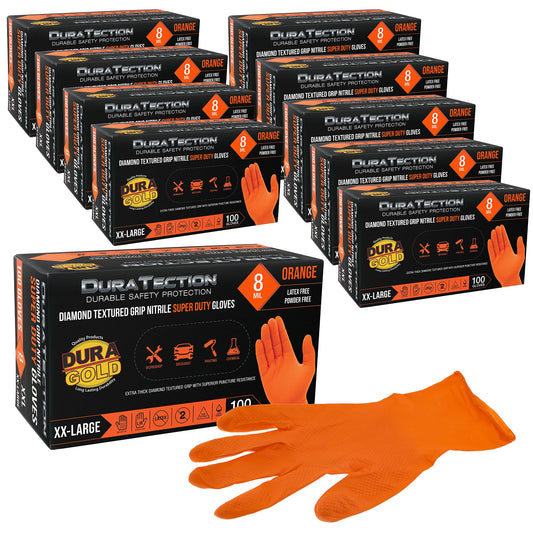 Dura-Gold Duratection 8 Mil Orange Super Duty Diamond Textured Nitrile Disposable Gloves, 10 Boxes of 100, XX-Large - Latex Free, Powder Free, Food Safe, Safety Protection Work Gloves, Industrial