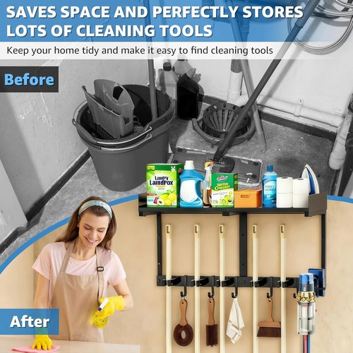 HUFAND Broom Holder Wall Mount - Heavy Duty Mop & Broom Organizer with Top Shelf & Hook | 27" Black Utility Rack for Laundry, Garage, Kitchen, Garden