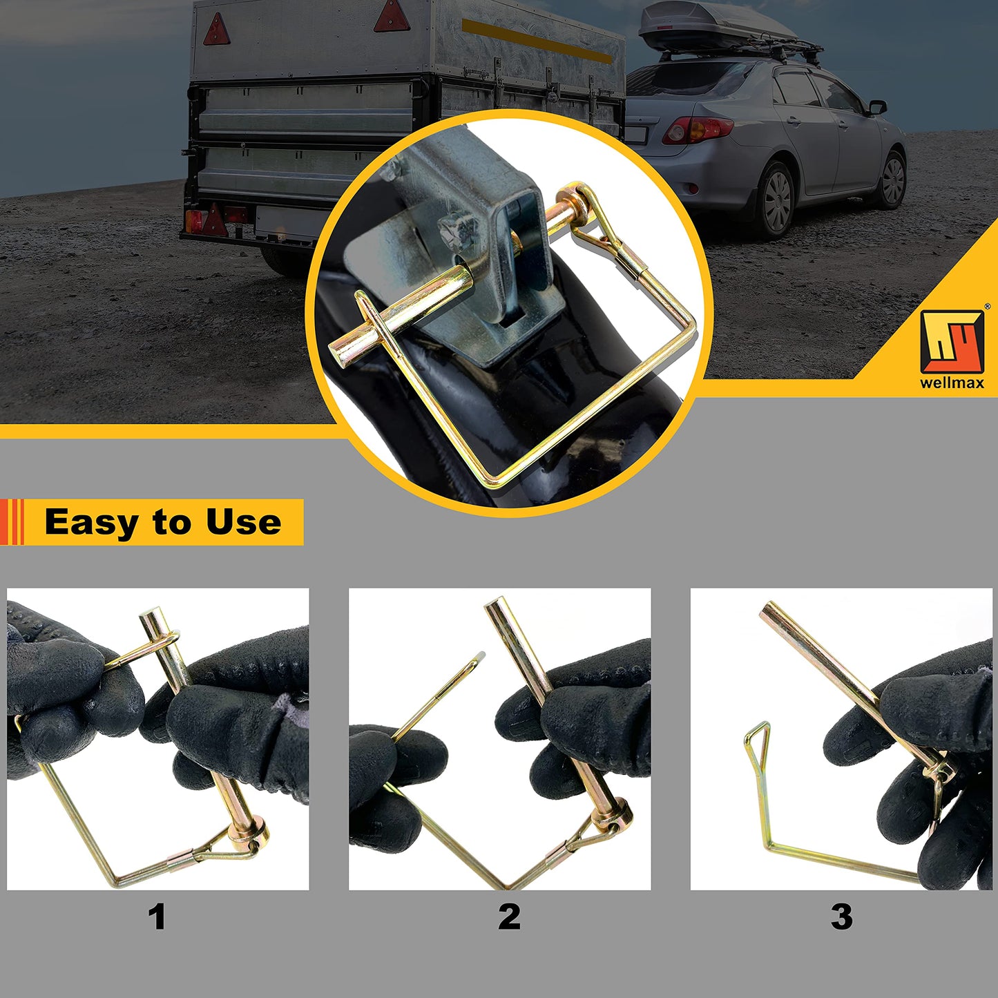 Wellmax 12-Pack Trailer Hitch Pin Assortment, 1/4" and 5/16" Diameter, Square and Arch Wire Lock Pins, Zinc-Plated Carbon Steel Safety Pins for PTO, Farm, Mower, and Boat Trailer Couplers, Gold