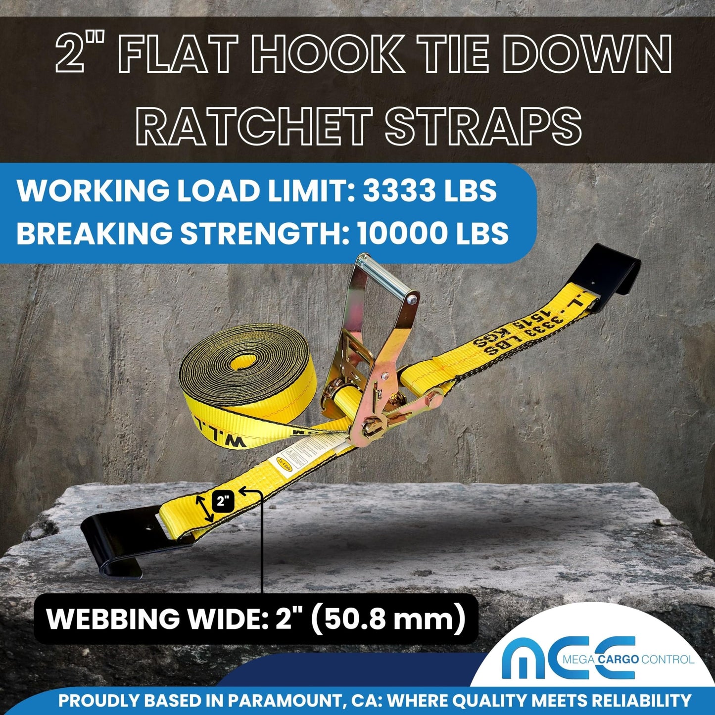 Mega Cargo Control 2" x 30' Flat Hook Ratchet Straps, 8 Pack - 2 Inch X 30 Foot, Yellow Heavy Duty Tie Downs with 10,000 lbs Break Strength for Flatbed Trailer Towing Hauling