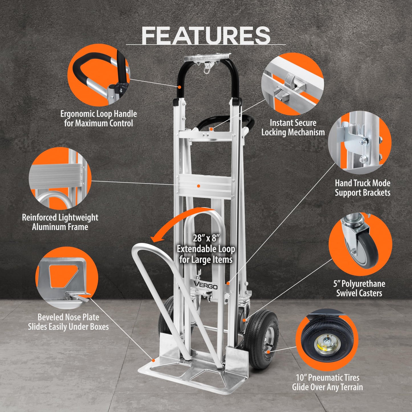 Vergo Industrial Convertible Hand Truck - AS7A2 Heavy Duty Aluminum 3 in 1 Dolly (750 lb Capacity) Lightweight Frame, Ergonomic Handle, Extendable Loop, Versatile Moving Dolly (3 Positions 53" High)