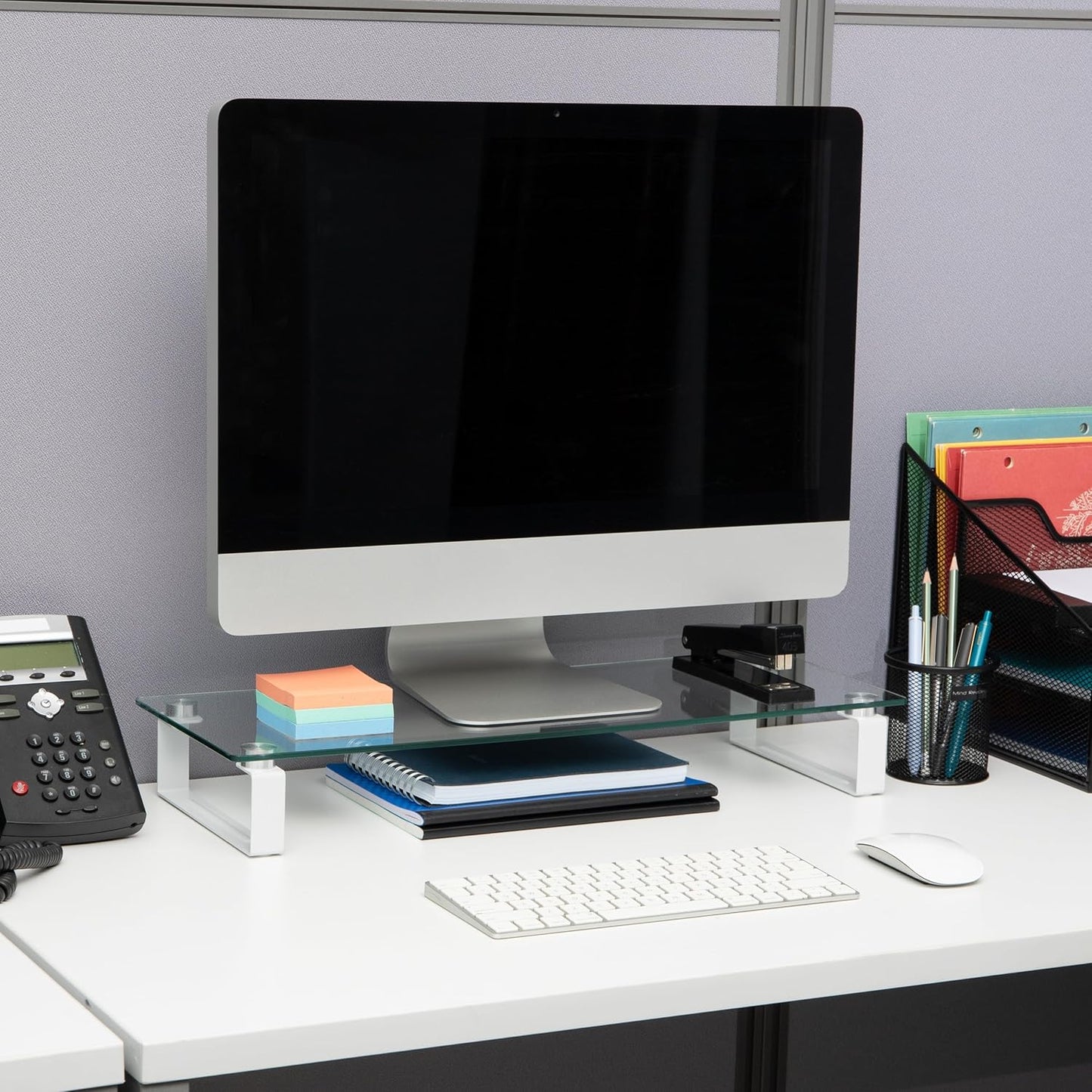 Contemporary Clear Glass Monitor Stand - Stylish Desktop Organizer and Laptop Riser