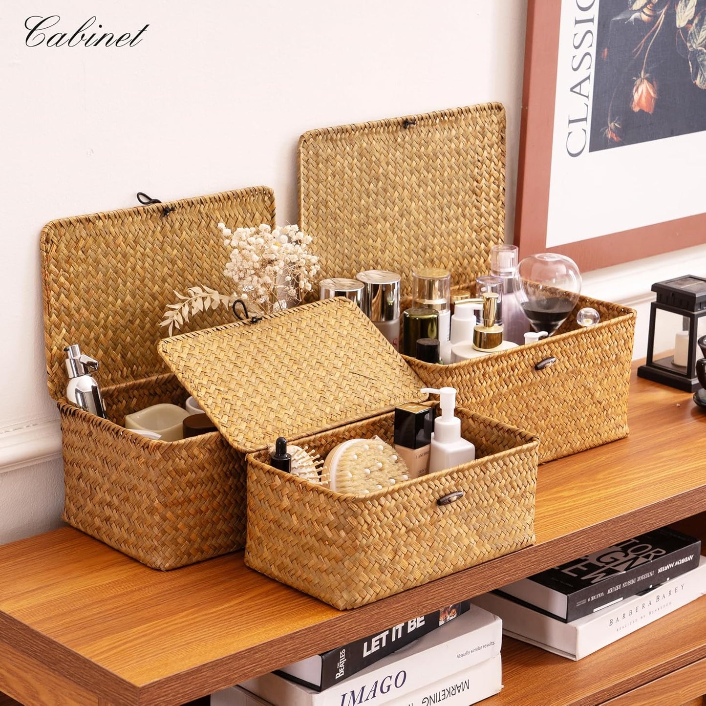 Nonam Storage Basket Set of 3 - Natural Seagrass Bins with Lids for Boho Home Organization