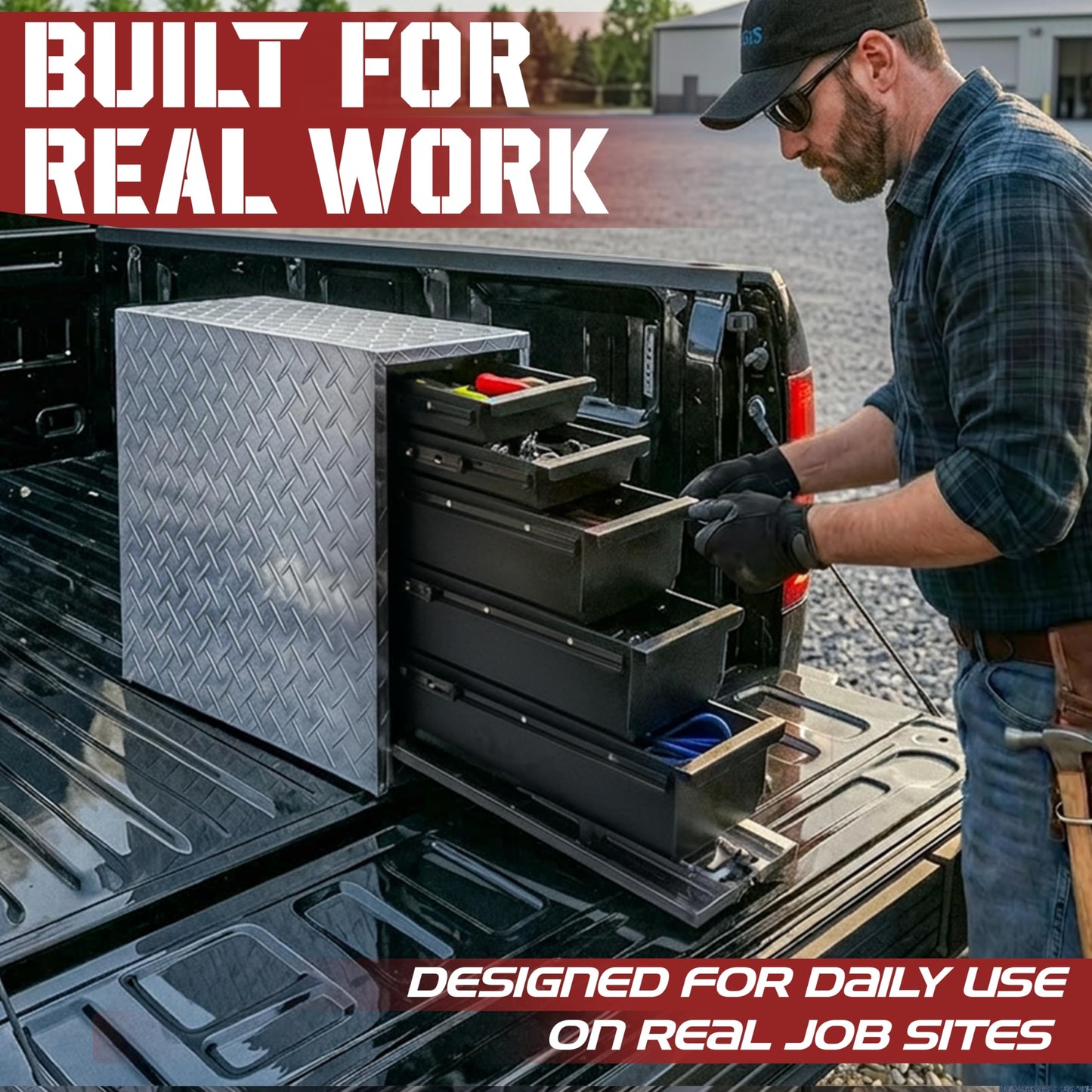 OLY-PRO Truck Bed Tool Box with 5-Drawer Slides | Lockable Heavy-Duty Tool Chest Storage for Pickup, Jobsite & Side Trucks | 8-Inch Toolbox with Key (Silver Aluminum)