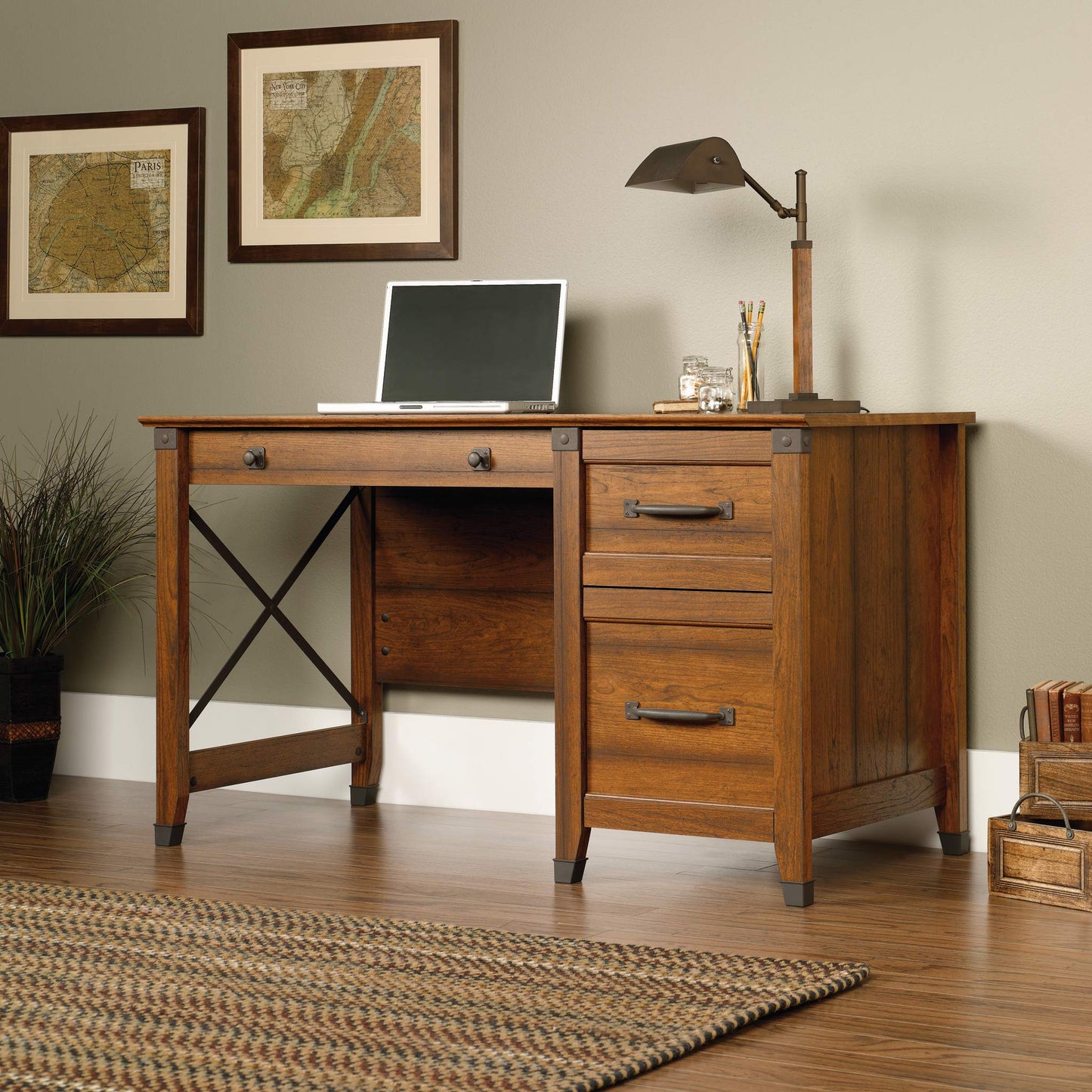 Sauder Carson Forge Vintage Rustic Computer Desk for Home Office with Drawers, in Washington Cherry; L: 53.19" x W: 22.64" x H: 29.80"