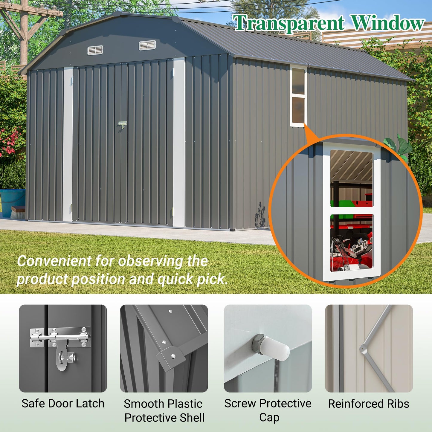 Outdoor Storage Shed, 10 X 12 FT Large Metal Utility Tool Sheds with Floor Frame & Windows, Steel Garden Shed with Updated Frame Structure for Backyard Patio Lawn, Grey