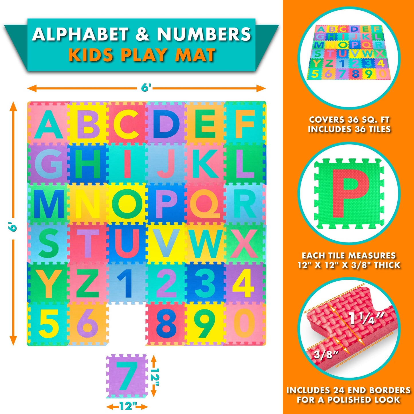 ProSource Kids Puzzle Alphabet, Numbers, 36 Tiles and Edges Play Mat, 12" by 12", Abc & 123
