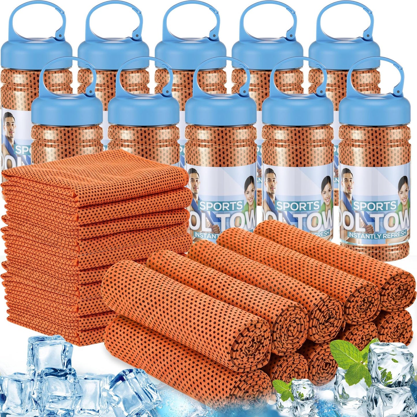 Honoson 20 Pcs Cooling Towels for Neck and Face, 47"x12" Sports Breathable Ice Towels Microfiber Chilly Sweat Rags with Portable Bottle for Gym Golf Athletes Yoga Workout Hot Weather (Orange)