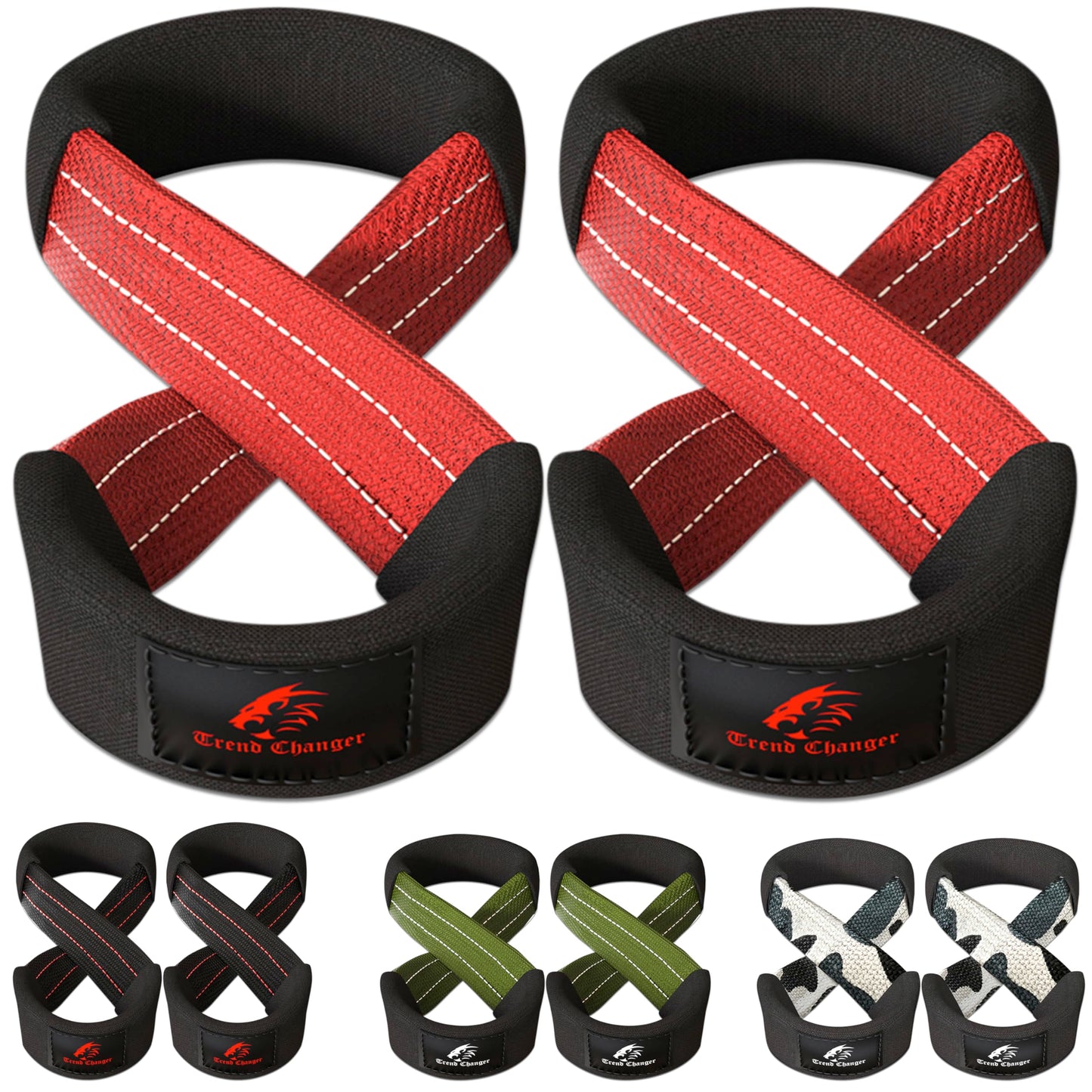 Trend Changer Figure 8 Lifting Strap Padded Deadlift Straps Heavy Duty Weight Lifting Straps Strongman Axle Bar Straps Weightlifting Wrist Wraps (Medium (Upto 8.0'' Wrist Circumference), Red White)