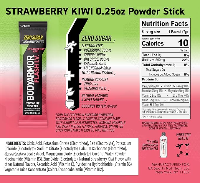 BODYARMOR Flash IV Electrolyte Packets, Strawberry Kiwi, Lemon Lime, & Tropical Punch Variety Pack - Zero Sugar Drink Mix, Single Serve Packs, Coconut Water Powder (15 Count)