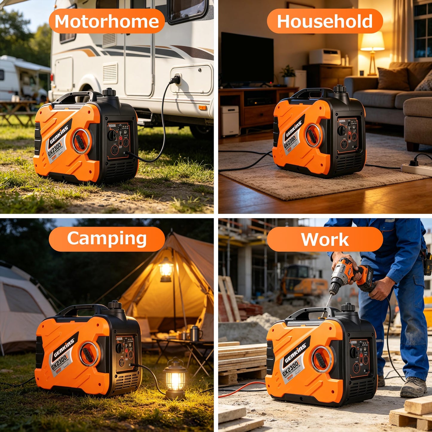 GENKINS Inverter Generator 2300 Watt Portable Generator Gas Powered Ultra Quiet for RV Ready Outdoor Camping Home Backup