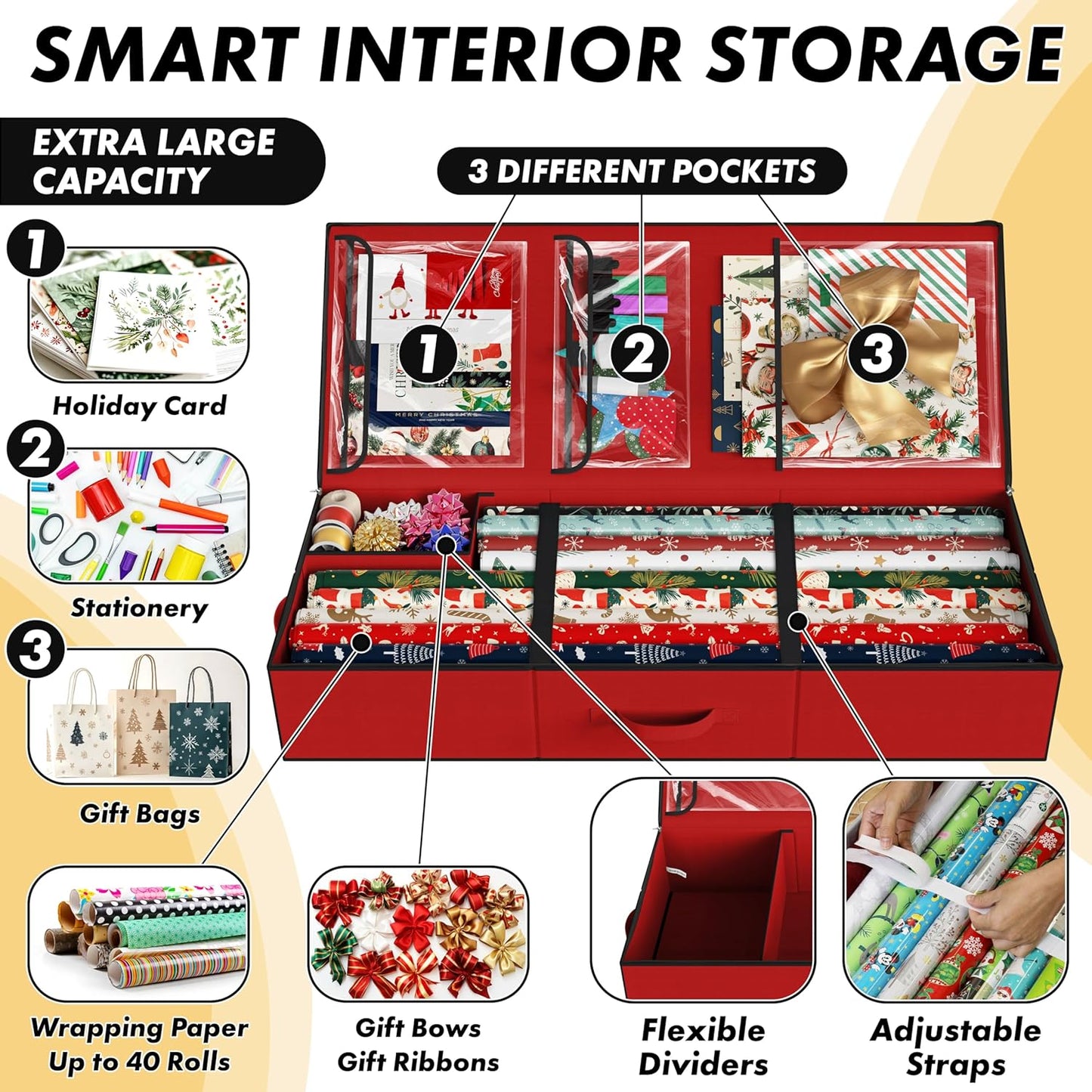 Simple Houseware Wrapping Paper Storage Organizer - Holds 40 Rolls with Adjustable Straps & Pockets, 41.5''L x 16''W, Red