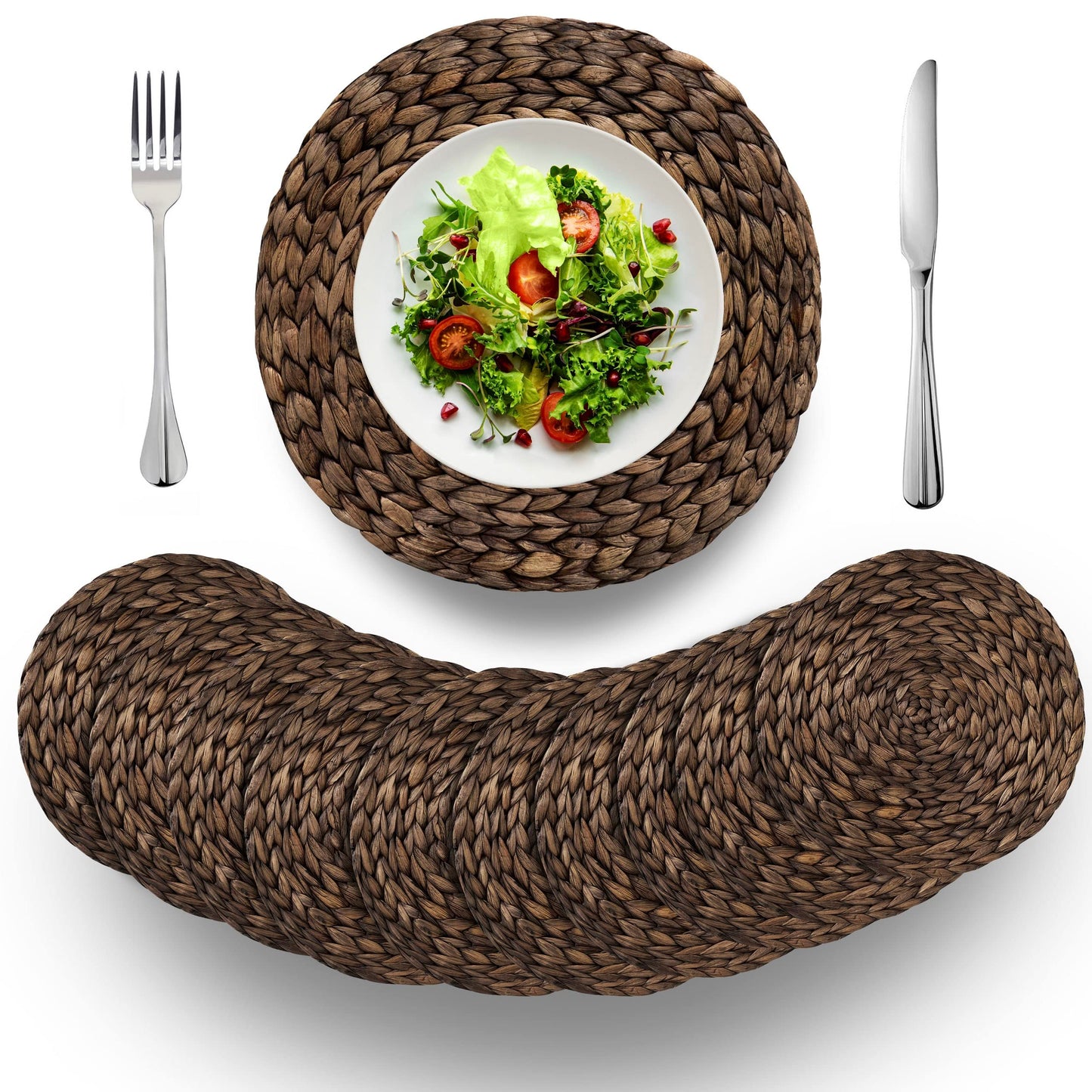 (4 Sizes: 12"-13"-14"-15") BARIEN Rustic Woven Placemats Round Set of 6, Natural Water Hyacinth Weave Placemat for Dining Table, Large Handmade Woven Placemats Heat Resistant Non-Slip (13" - Set 6)