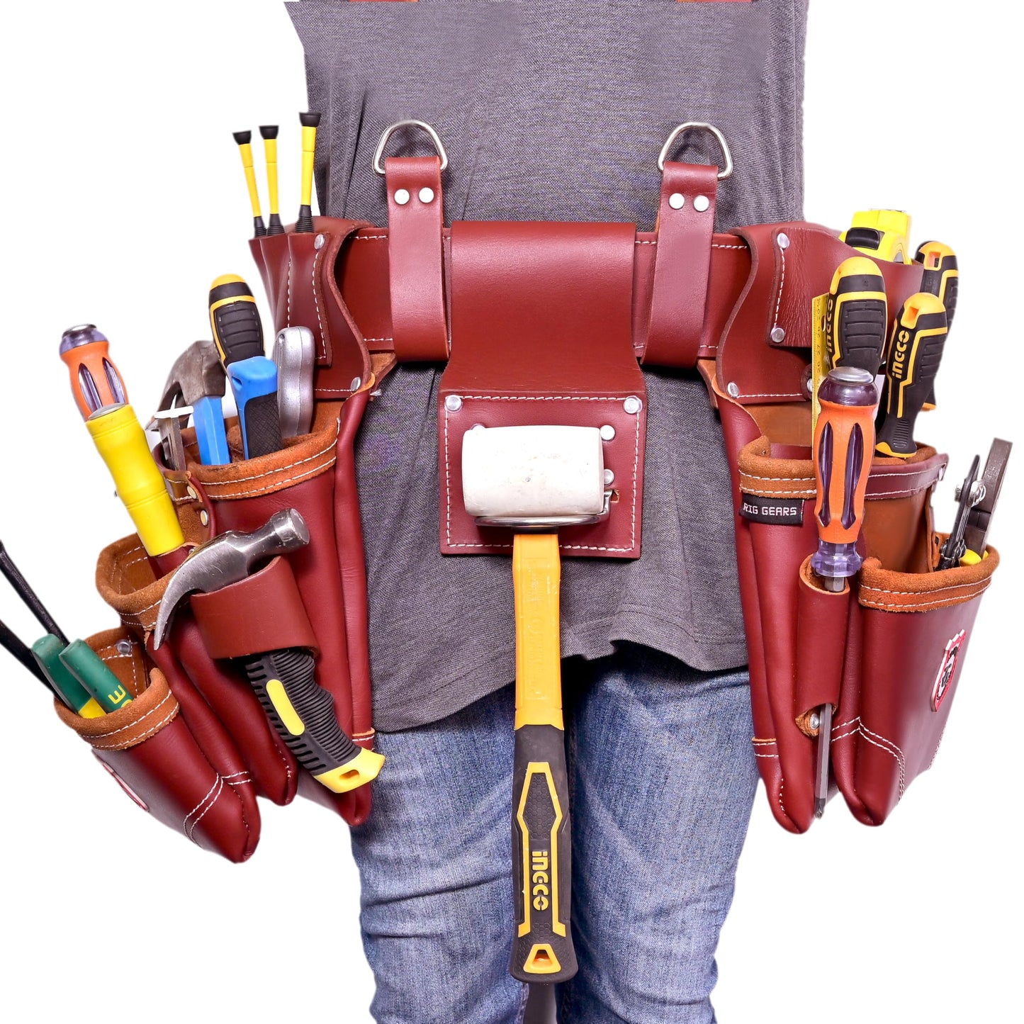 Rig Gears Leather Tool Belt with Suspender Detachable D-Loop Adjustable Padded Suspender Full Grain Leather Work Belt for Construction, Carpenters, Electricians, Farming Oil Tanned