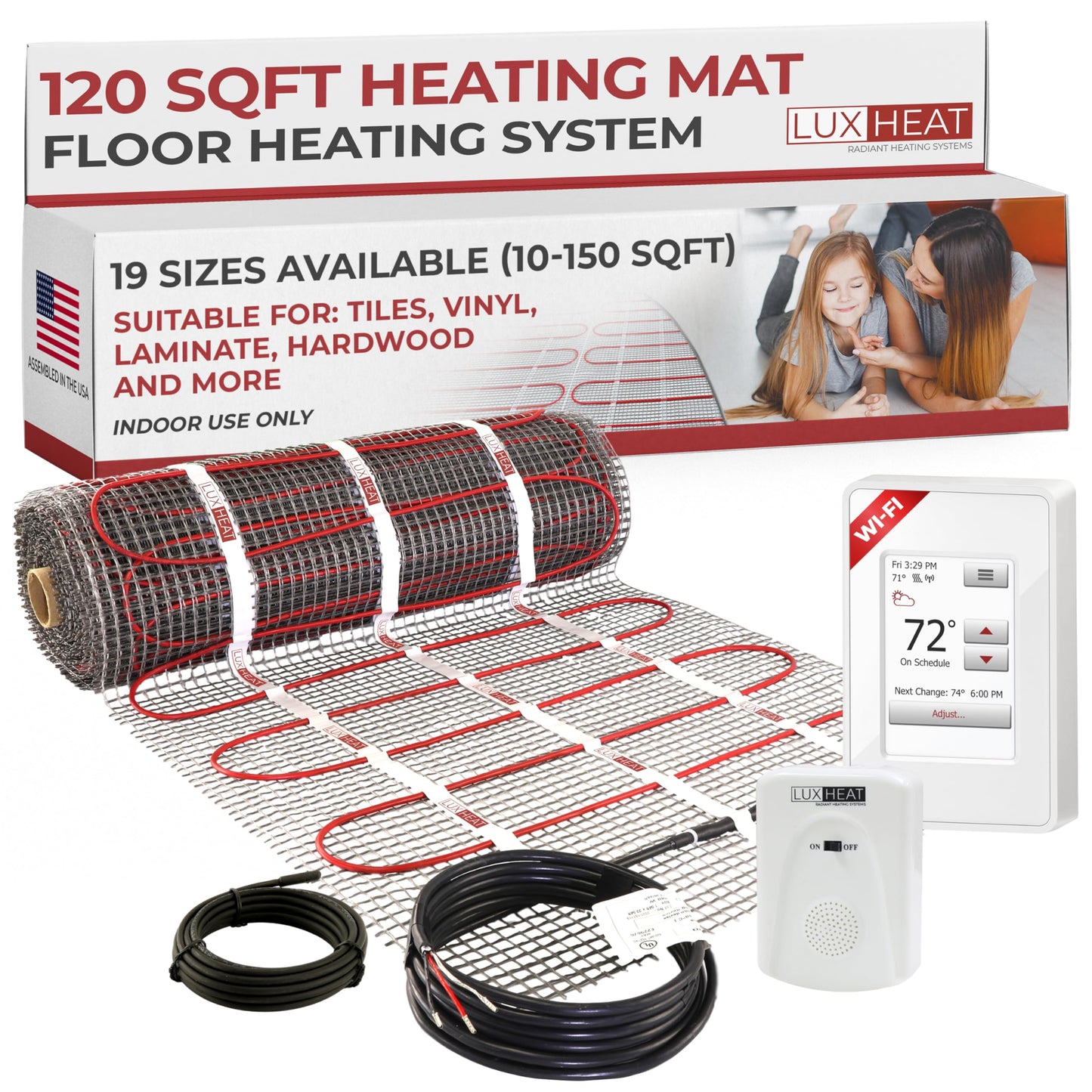 LuxHeat 120sqft Floor Heating Mat Kit - 120v Floor Heating System - Electric Radiant Heated Flooring System for Tile & Laminate - Includes UWG4 WiFi Programmable Thermostat w/GFCI, Alarm & Sensor