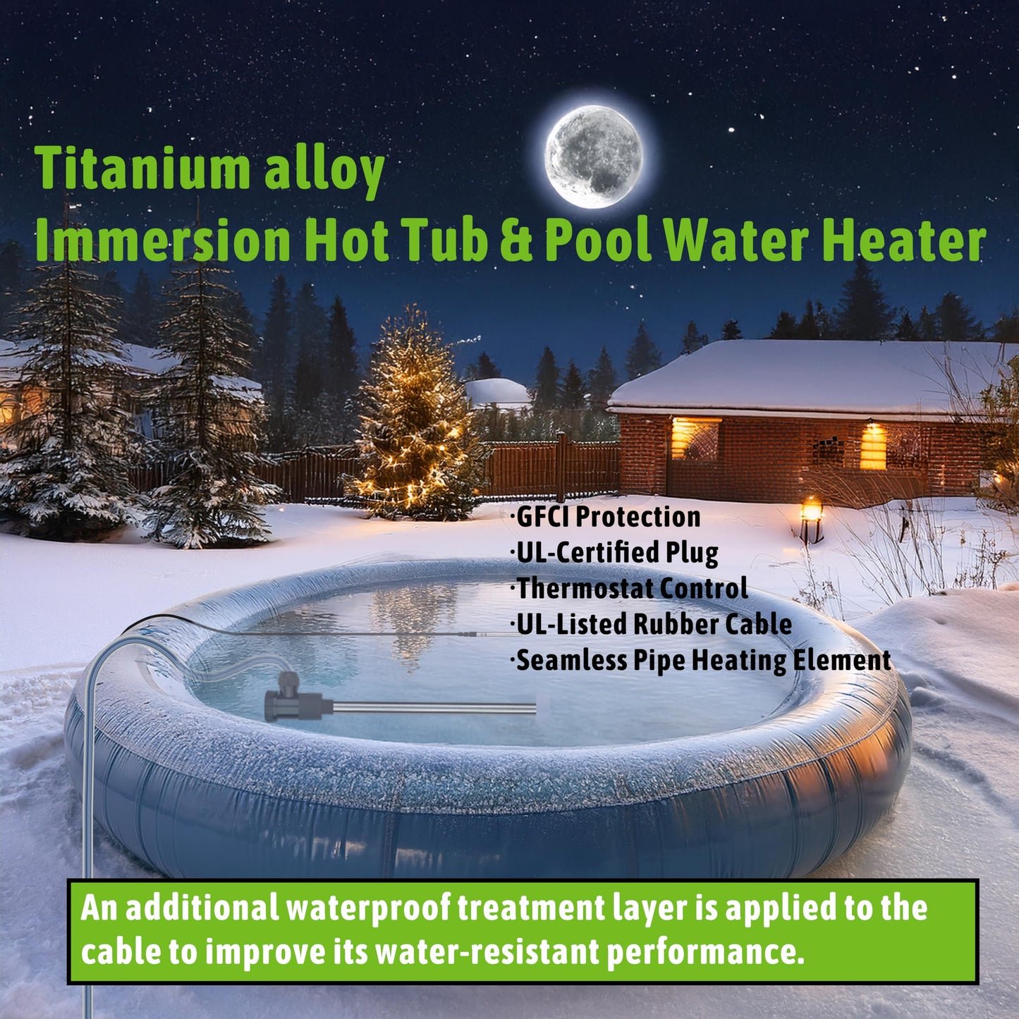 LINGLONGTEMP 240V 3000W Titanium Submersible, Immersion Hot Tub & Swimming Pool Electric Immersion Water Heater, with Temp Control & GFCI for Baptistry, Above Ground Pool, Bathtub & Inflatable Pool