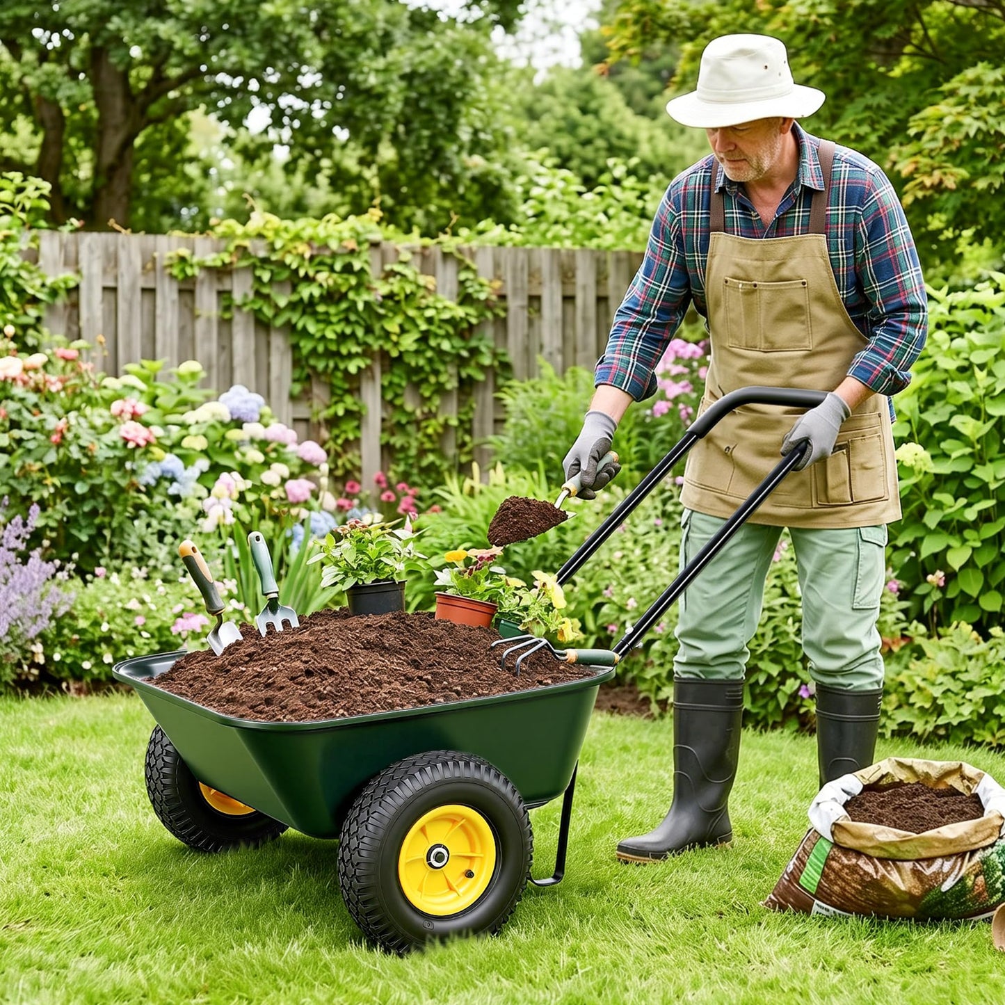 Autodaya 2 Wheel Wheelbarrow, Dual-Wheel Garden Dump Cart with 10" Non-Slip Pneumatic Tires & Ergonomic Padded Handle, Heavy-Duty Home Utility Yard Cart Wagon for Lawn, Farm, Porch, Gardening, Green