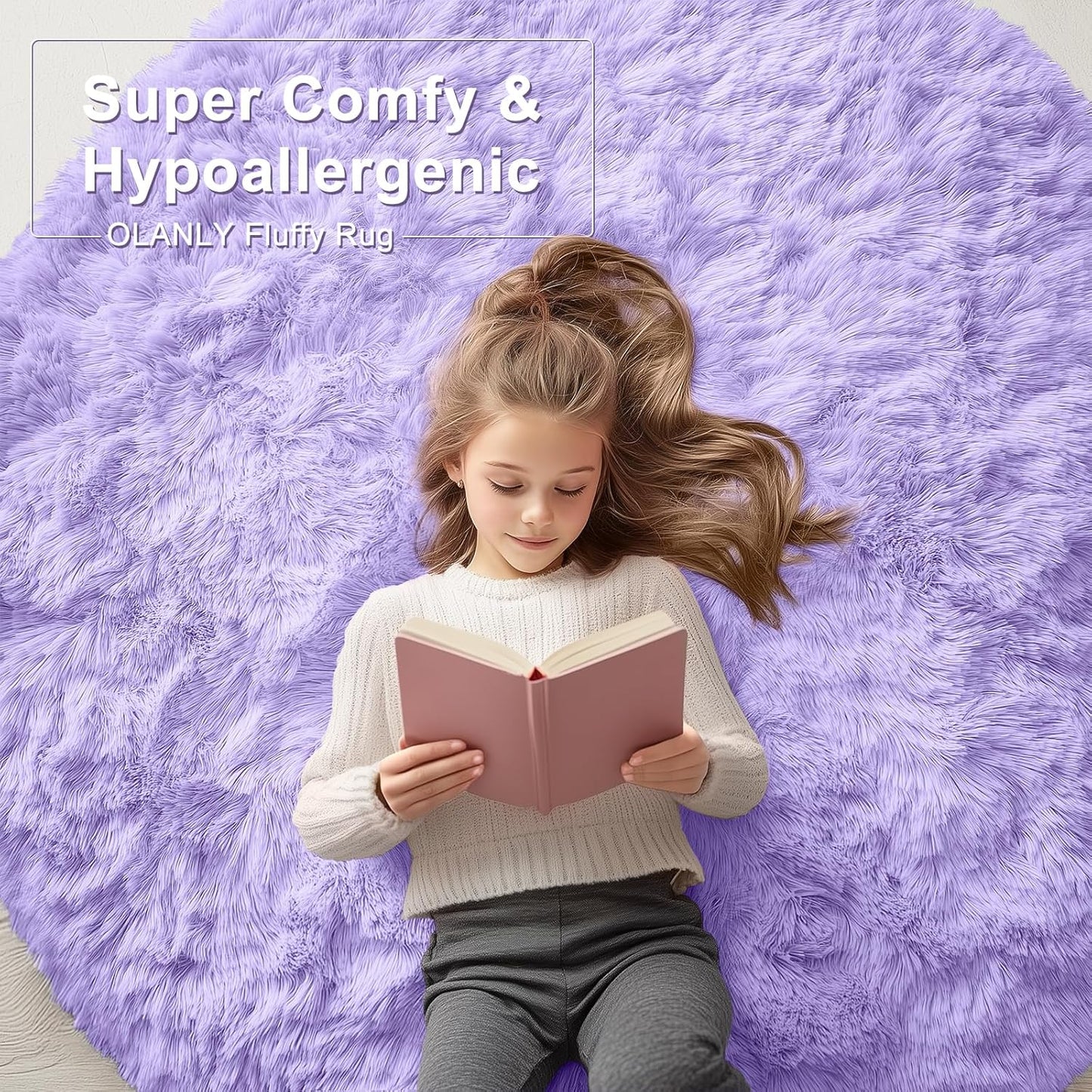 OLANLY Round Light Purple Area Rug - Soft, Fluffy, Machine Washable 8 ft Circle Carpet for Bedrooms & Nurseries