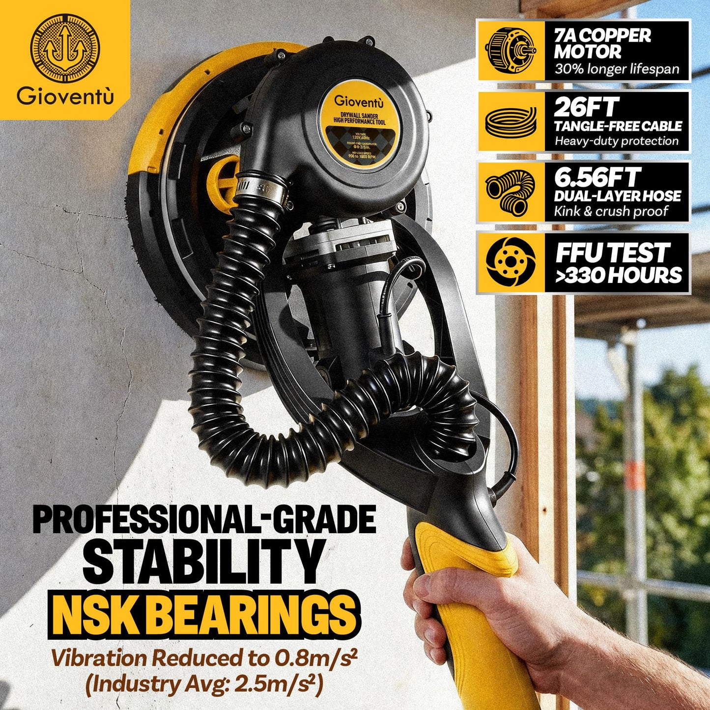 Dustless Drywall Sander with Auto Vacuum Dust Collector, 780W Foldable Electric Wall Sander, 26FT Power Cord, 7 Variable Speed 900-1800RPM, LED Light for Popcorn Ceiling, Interior Walls, Plaster