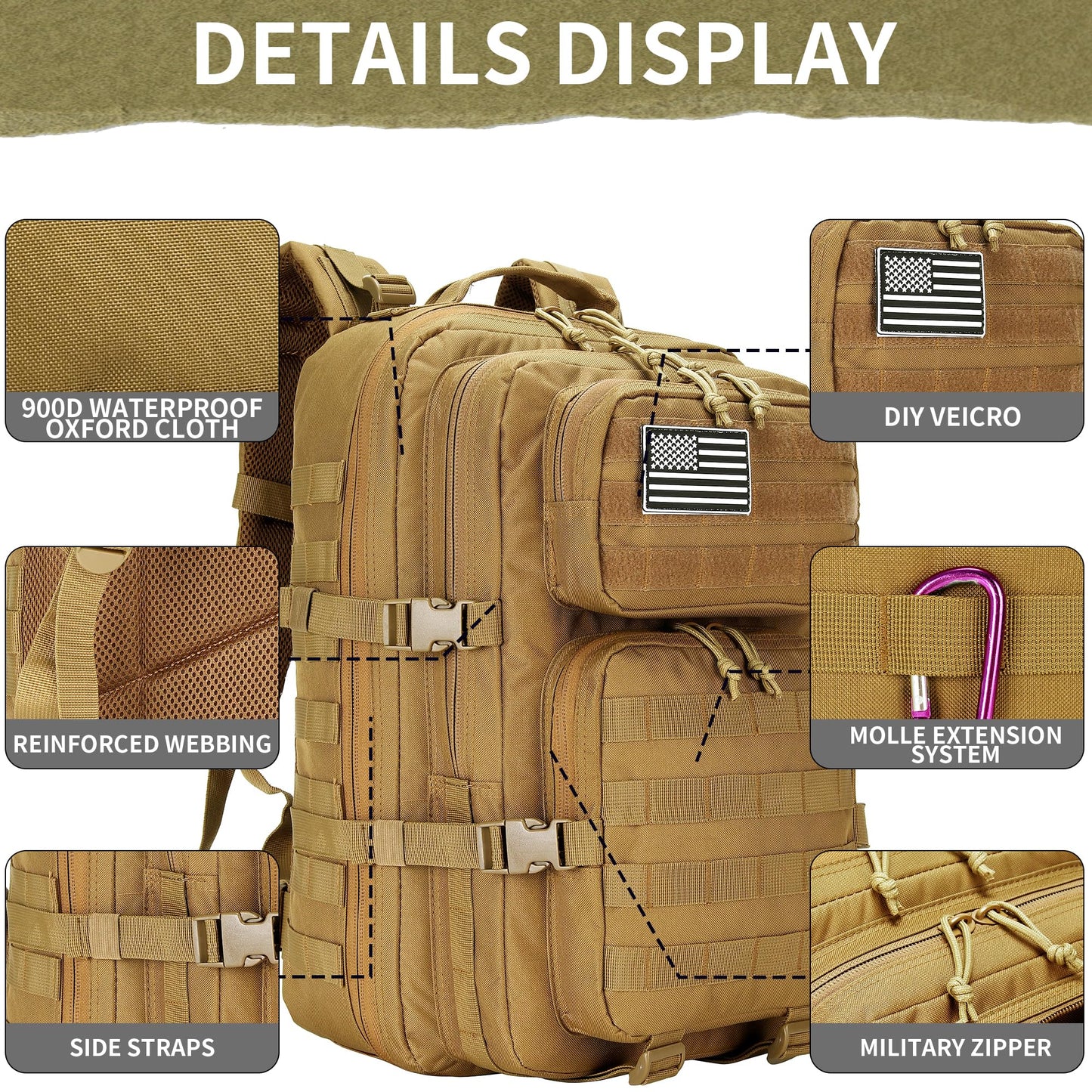 HongXingHai 45L Military Tactical Backpacks 3 Days Assault Pack Bag Fitness Rucksack 3 Day Bug Out Bag Hiking Treeking Molle Daypack (Khaki)