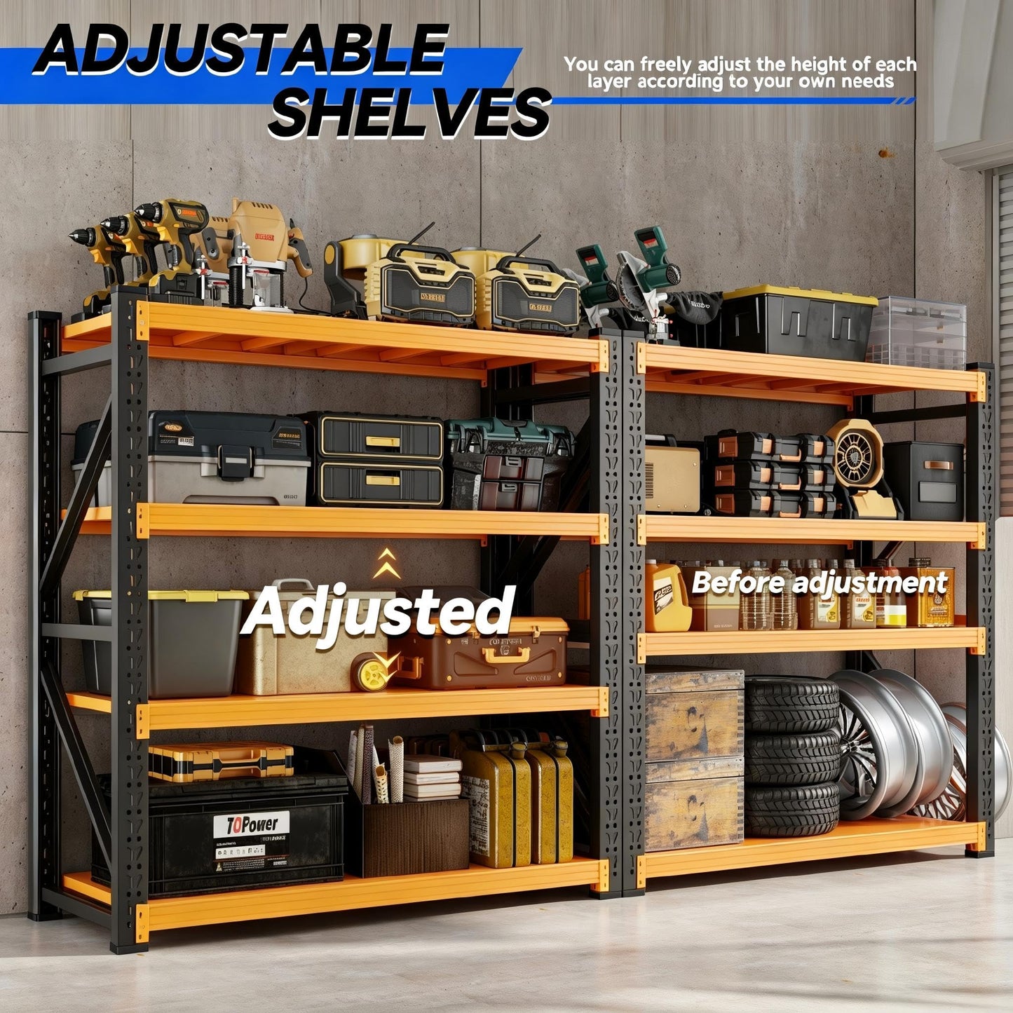 Kobito 59" W Garage Storage Shelves,3000LBS Garage Shelving Heavy Duty Adjustable Shelving Unit,4 Tier Metal Utitly Shelves Industrial Shelving for Warehouses,Basement,Black-Orange