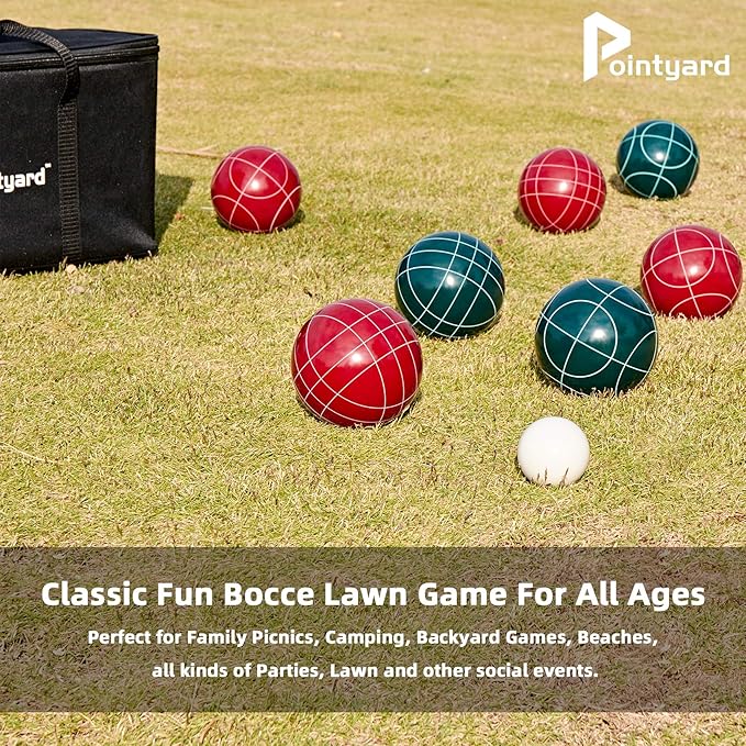 Pointyard Bocce Ball Set, 90mm Resin Bocce Ball Set with 8 Resin Bocce Balls/1 Pallino/Nylon Zippered Bag/Measuring Tape - Outdoor Lawn Games for Adults Family Kids/Yard/Beach Game