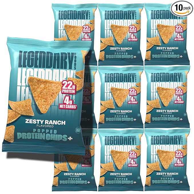 Legendary Foods Zesty Ranch Protein Chips – Popped Tortilla Style – 22g High Protein, 4g Net Carbs, Low Sugar, Gluten Free, Keto Snack Packs – 10 Count – Healthy Crunchy Chips