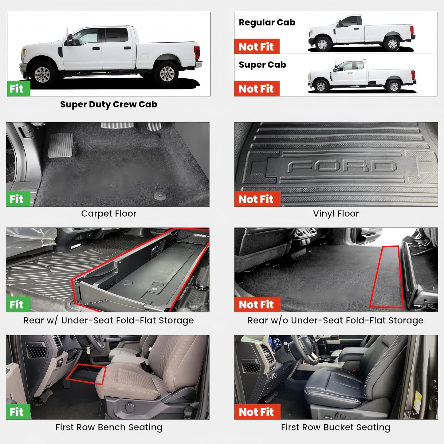 LASFIT Floor Mats for Ford F250 F350 F450 2017-2026 Crew Cab Front Bench Seat | Rear W/Fold-Flat Storage Carpet Floor Super Duty All Weather Protector TPE Car Floor Liner, 1st & 2nd Row, 2pcs Black