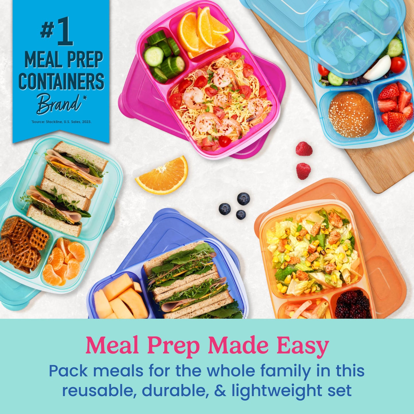 Bentgo Easyboxes - Original Stackable Lunch Boxes - Reusable 3-Compartment Food Containers for Kids and Adults - Bento Lunch Box for Meal Prep, School, & Work - BPA Free, Set of 10 (Jewel Brights)