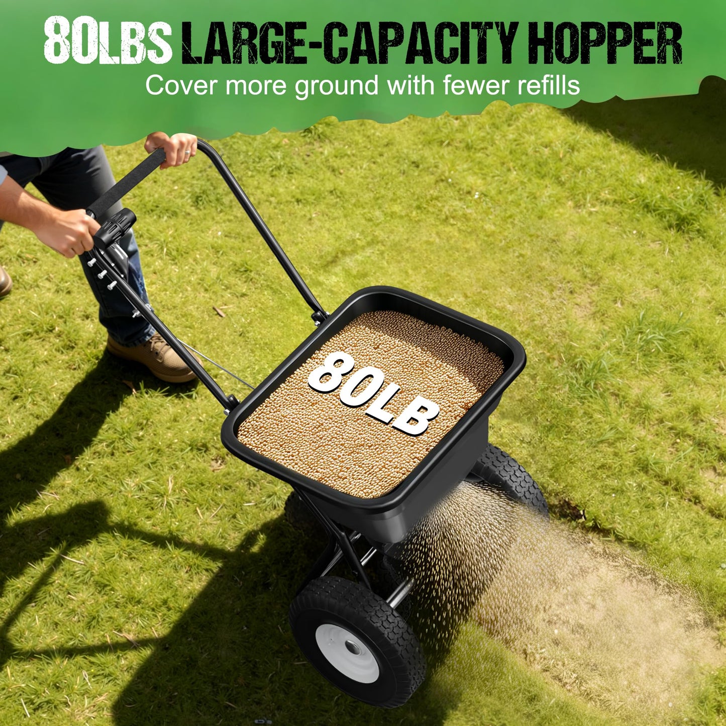 PPOLB Broadcast Spreader for Lawns, 80LB Fertilizer Spreader with 25-Level Flow Control, Walk Behind Lawn Seed & Salt Spreader, 0–10FT Coverage, Hopper Screen, Rain Cover, 12" Pneumatic Wheels