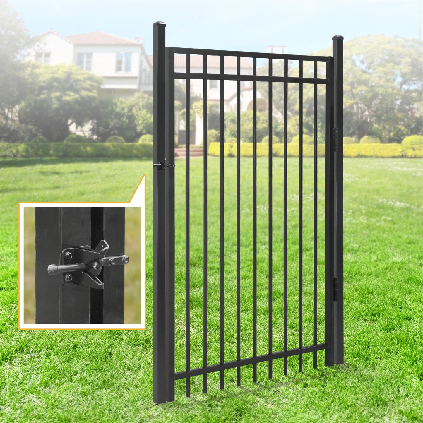 Fencer Wire 52FT Heavy Duty Flat Top Fence Barrier Kit, Anti-Rust Metal Steel Fence with 6FT Height X 6FT Width Panels, with Flat Top Gate, Posts, Connectors, Outdoor Fencing for Yard