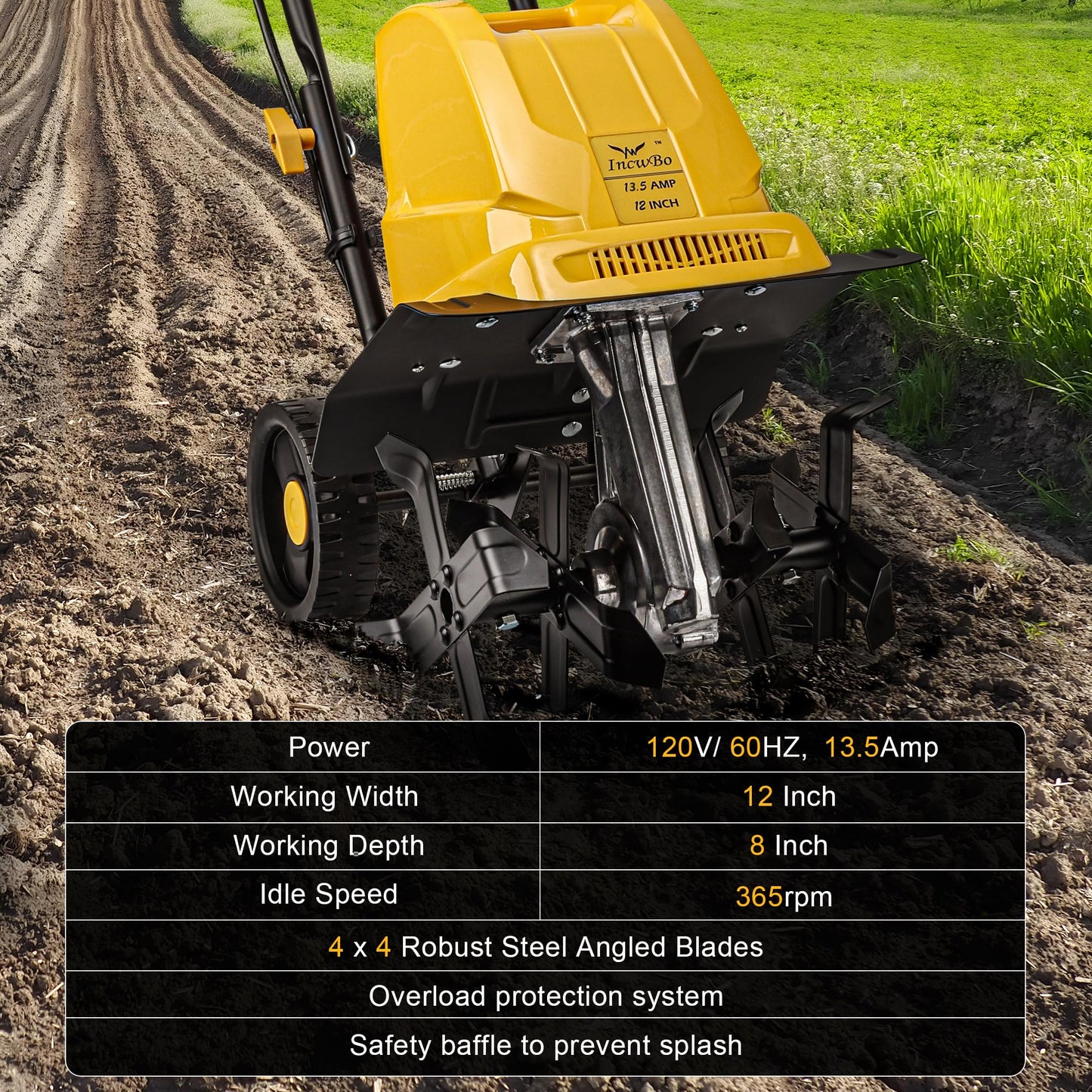 IncwBo Electric Tiller/Cultivator 4 Steel Tines, 8'' Tilling Depth Garden Roto Tillers for Gardening, 13.5 Amp 12 Inch Corded Rototiller with Adjustable Wheels, Yellow