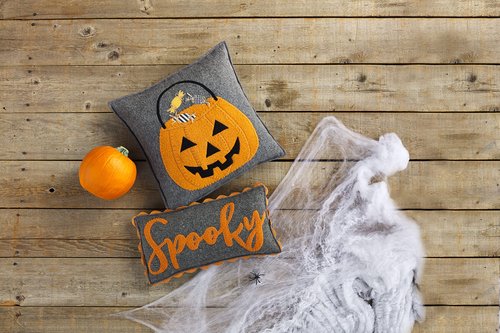 Mud Pie Felt Halloween Pillow, Pumpkin, 14" x 14"
