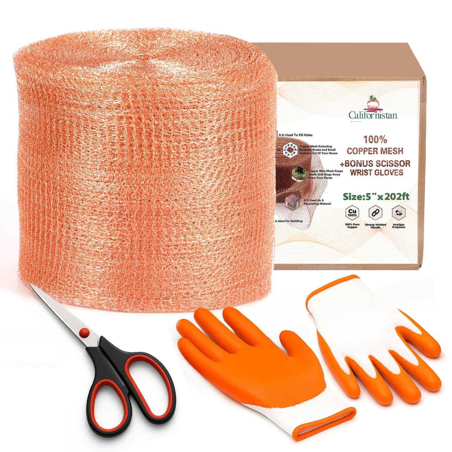 Copper Mesh Rodent Control, 5in x 202ft- Rustproof Copper Mesh Roll for Rodent, Bat & Snail - Perfect for Hole Blocking, Gardening & Sealing Water Opening - Plus Bonus Scissor & Gloves